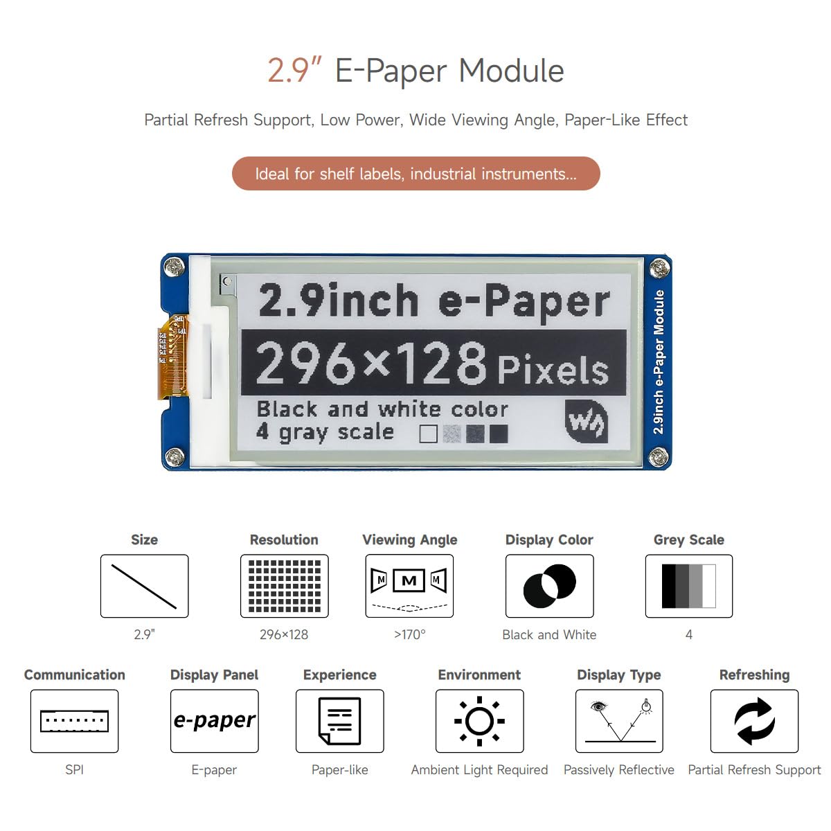 waveshare-2-9-zoll-e-paper-display-modul-kit-296x128-e-ink-spi-bildschirm image 4
