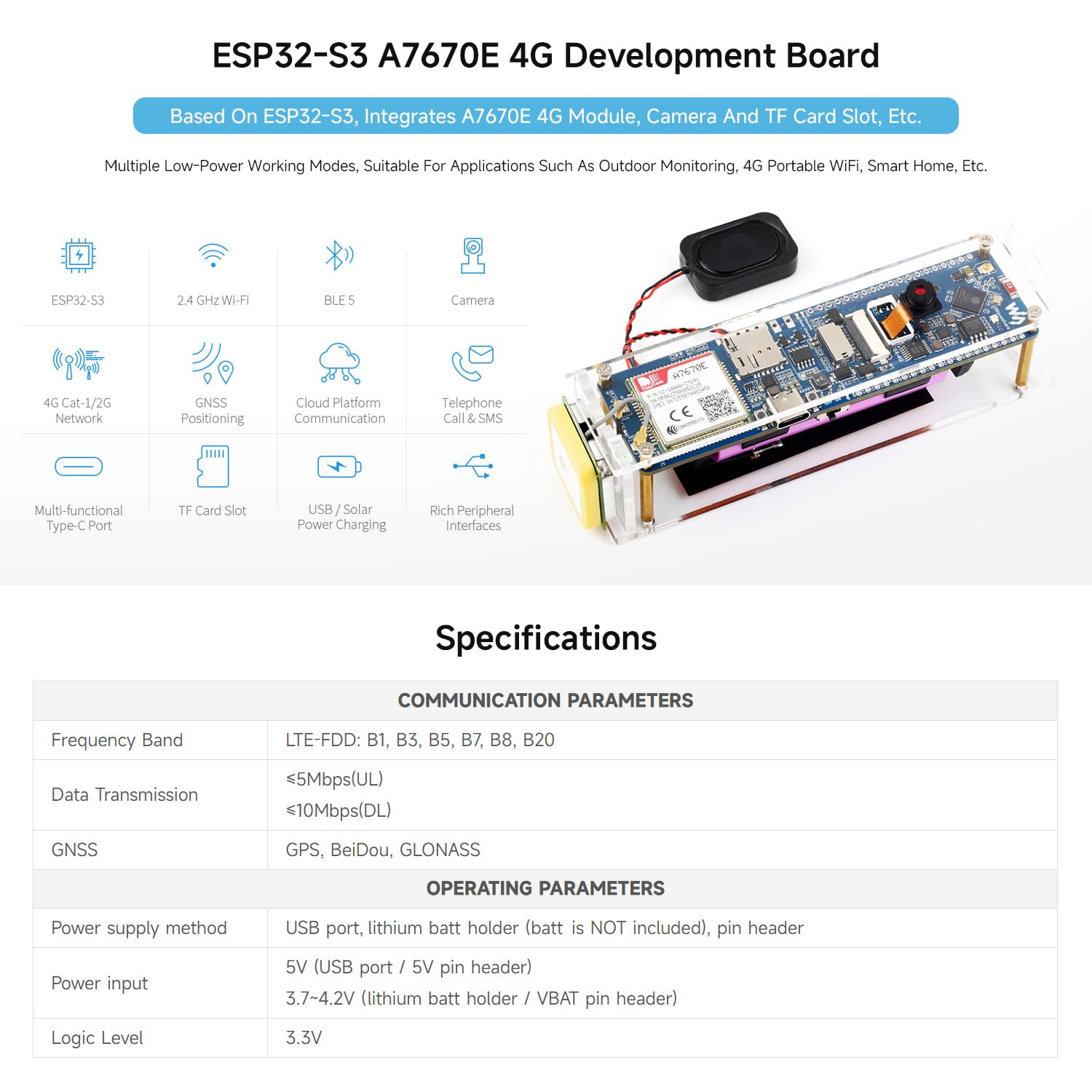 waveshare-esp32-s3-a7670e-4g-entwicklungsboard-mit-kamera-lautsprecher-und-anten image 3