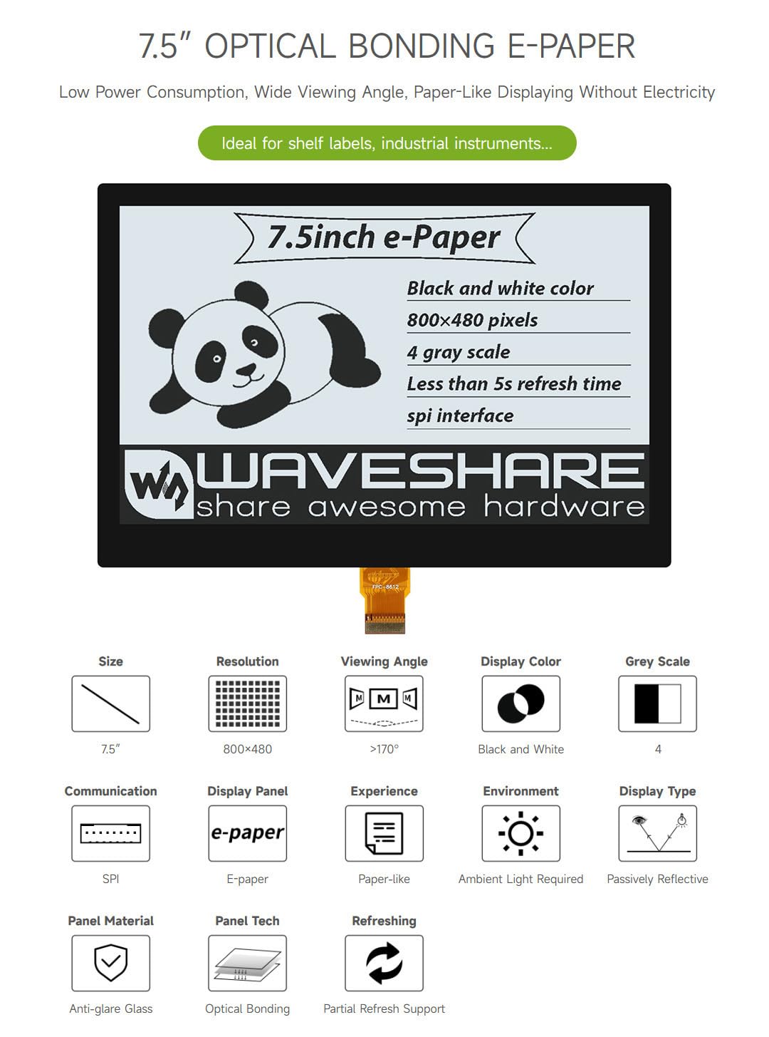 waveshare-7-5-zoll-e-paper-e-ink-display-800-480-voll-laminiert-spi-ohne-pcb image 2