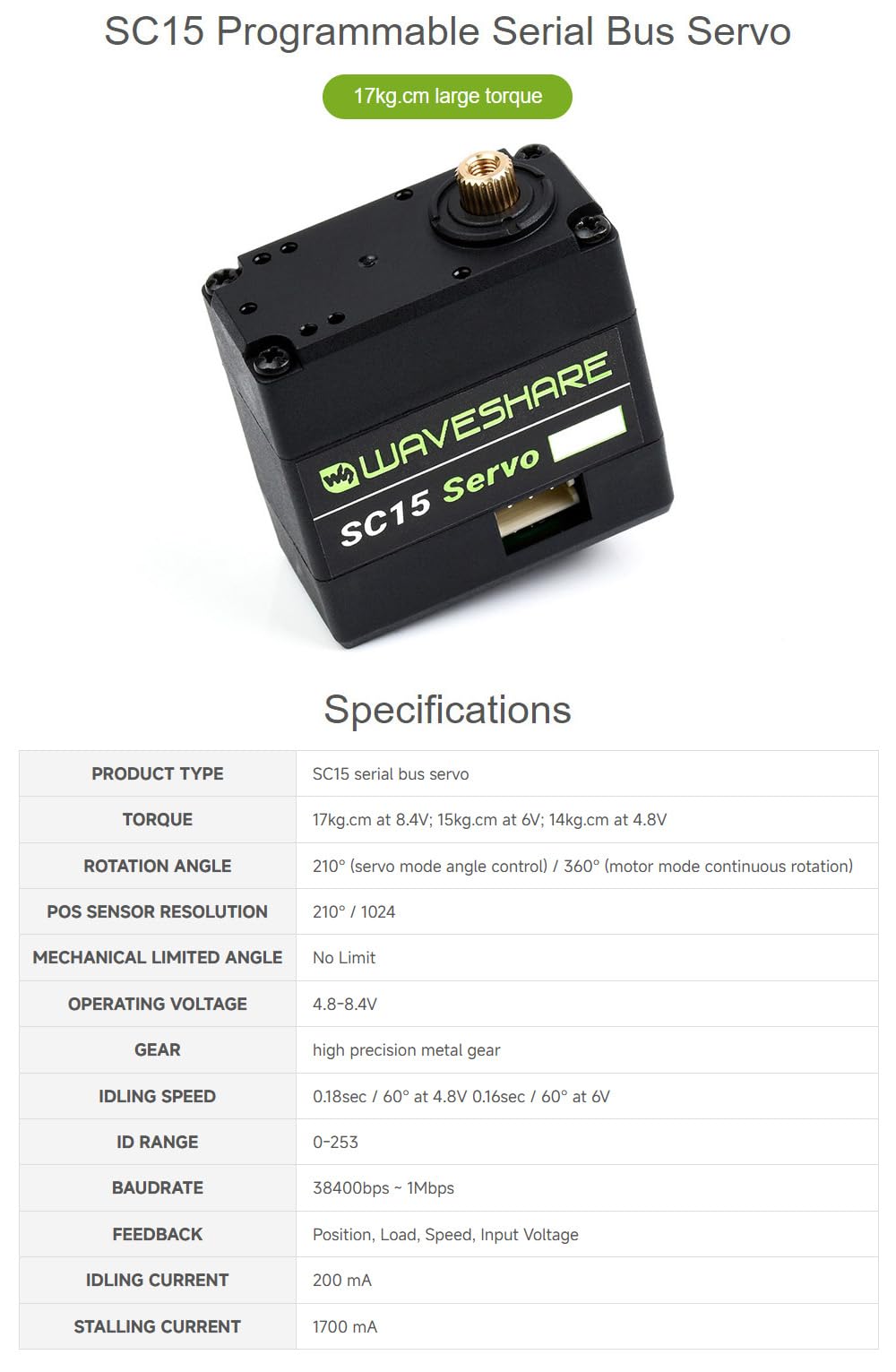 waveshare-sc15-17kg-programmierbares-servo-mit-seriellem-bus-feedback image 2