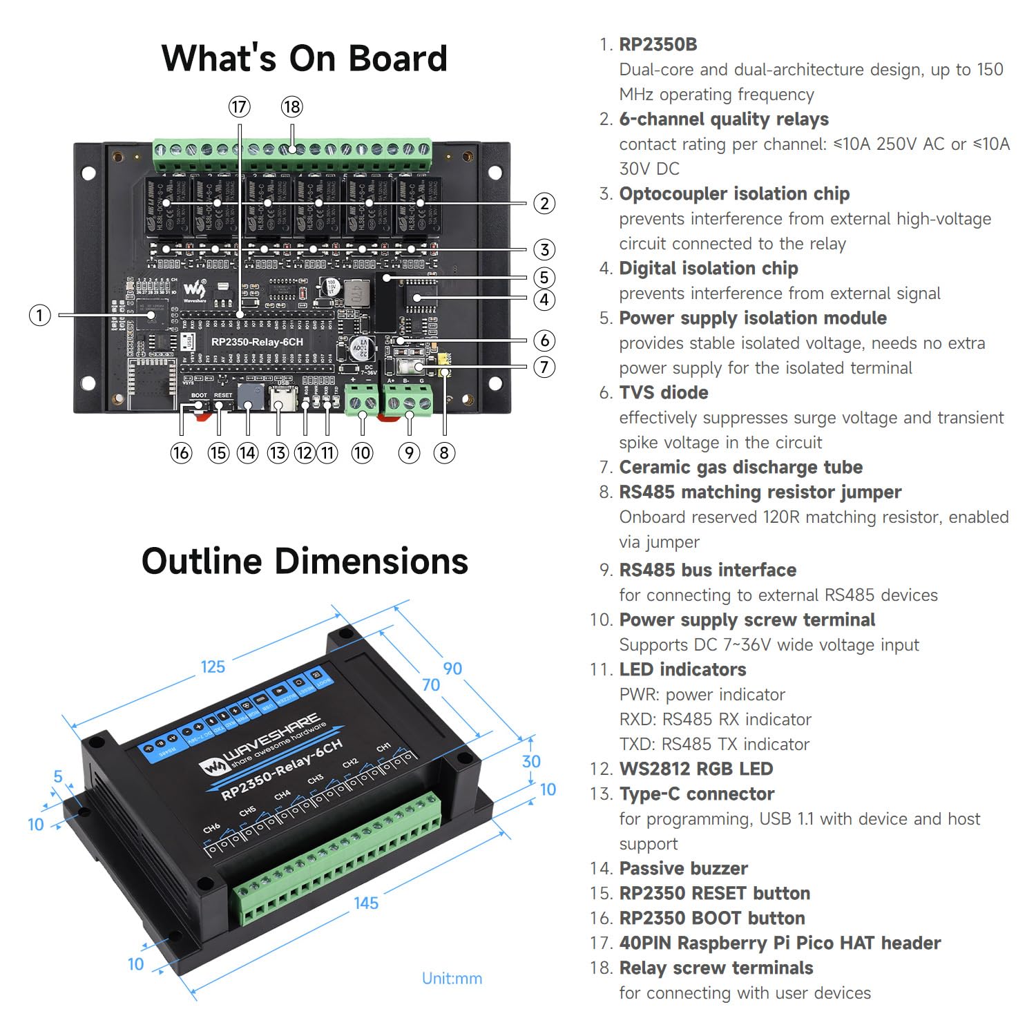 waveshare-industrial-6-kanal-rp2350-relaismodul-pico-hat-steuerung-mit-rs485 image 7