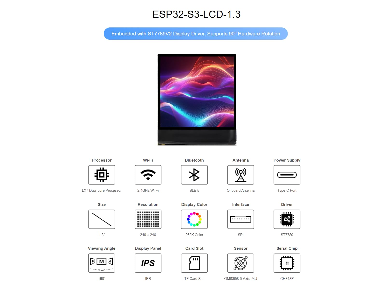 waveshare-esp32-s3-1-3-zoll-display-board-240x240-lcd-6-achs-imu-wifi-bluetooth image 2