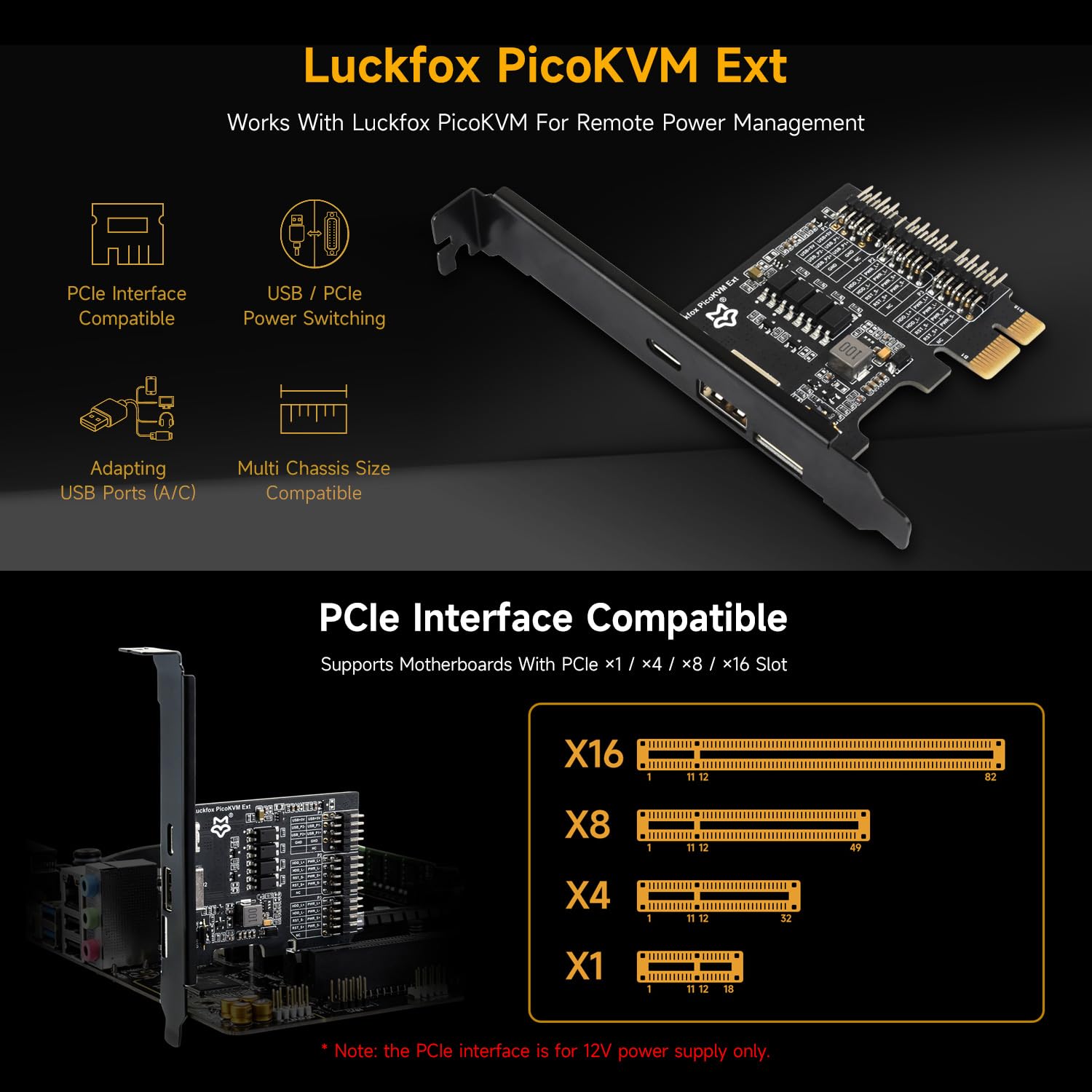 waveshare-luck-fox-picokvm-ext-erweiterungsboard-pcie-x1-x4-x8-x16-usb-a-c-front image 3
