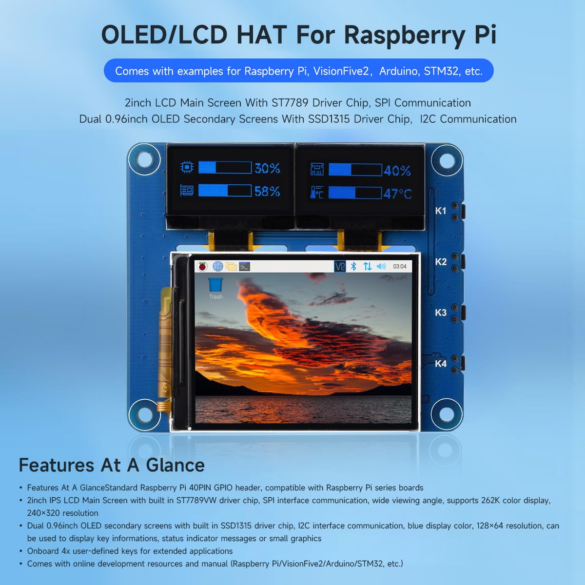 waveshare-oled-lcd-hat-f-r-raspberry-pi-mit-2-zoll-ips-2x-0-96-zoll-oled image 3