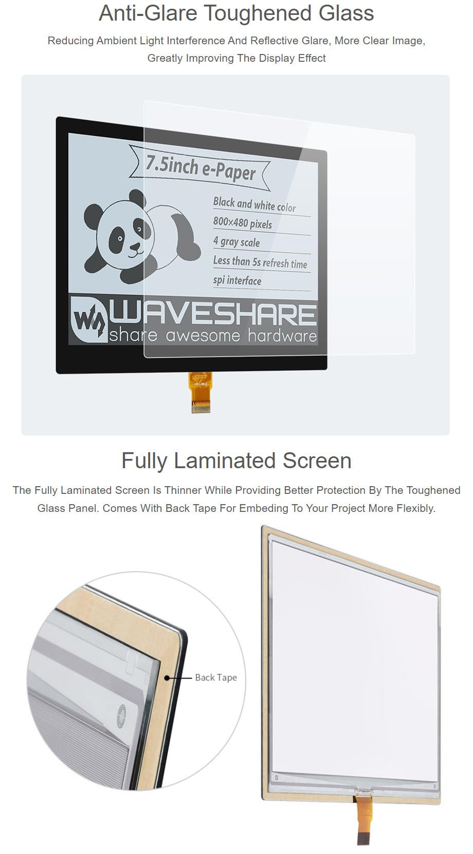 waveshare-7-5-zoll-e-paper-e-ink-display-800-480-voll-laminiert-spi-ohne-pcb image 4