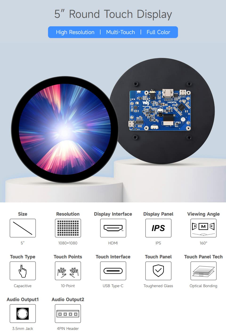 waveshare-5-zoll-hdmi-rundtouchscreen-1080x1080-pixel-kapazitiv-160-blickwinkel- image 3