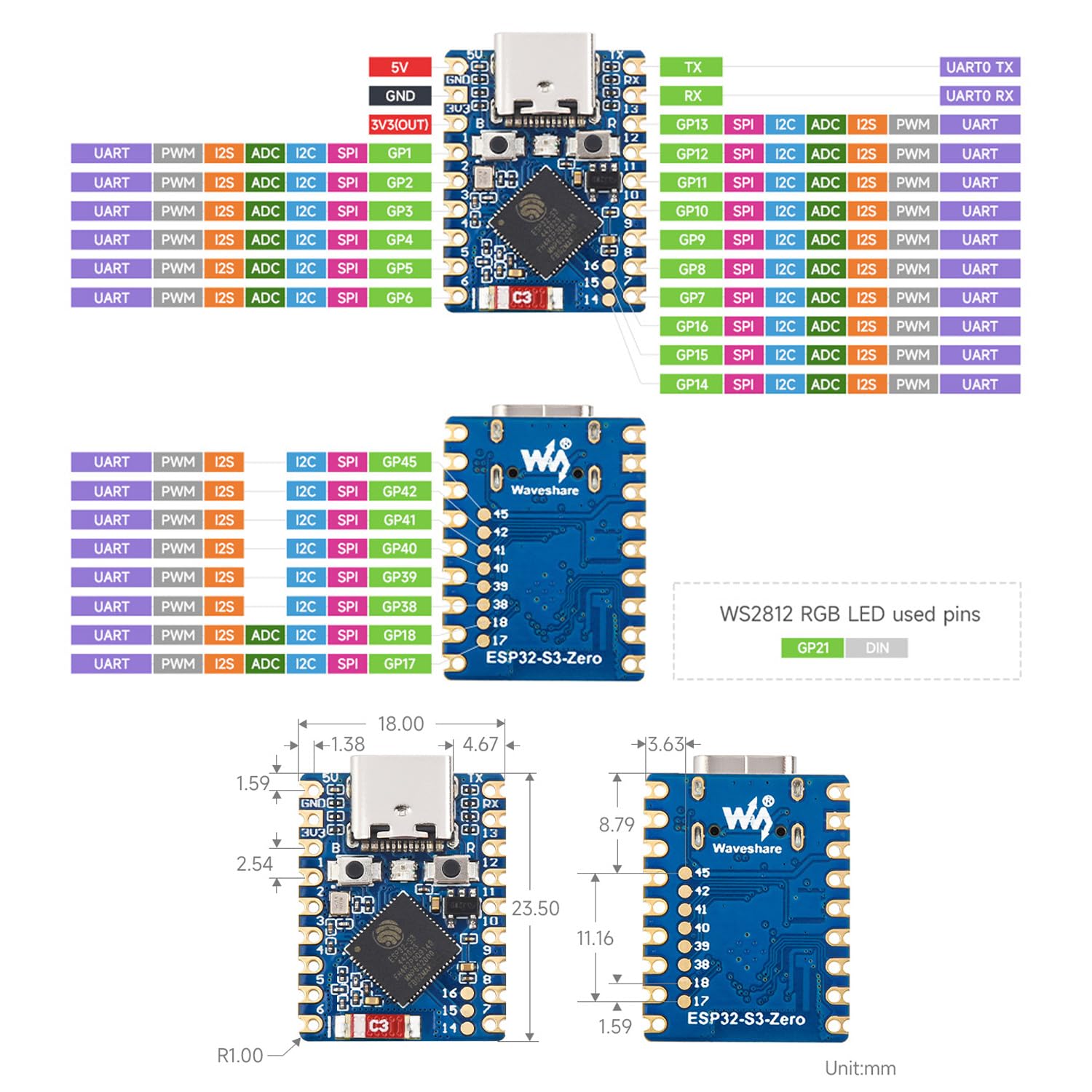 waveshare-esp32-s3-mini-development-board-esp32-s3fh4r2-wifi-bt5-mit-header image 5