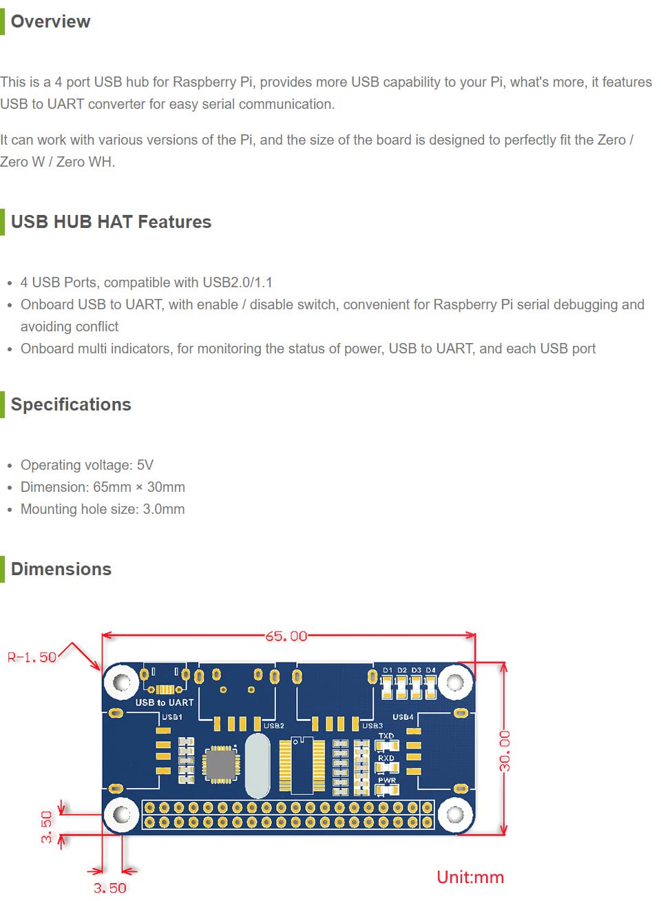 waveshare-4-port-usb-hub-board-f-r-raspberry-pi-mit-usb-zu-uart-konverter image 2