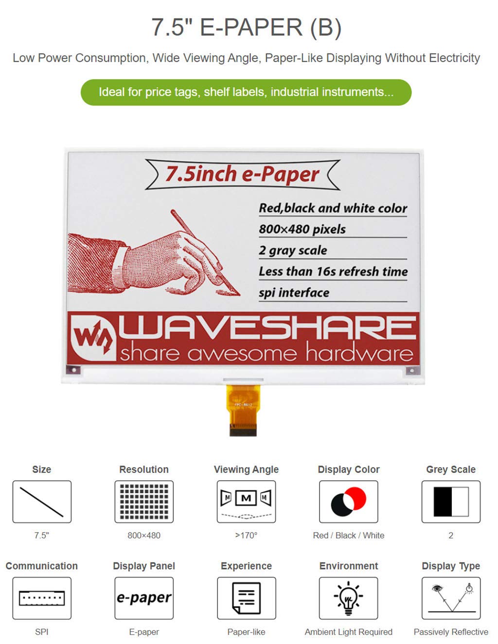 waveshare-7-5-zoll-tri-color-e-ink-raw-display-800x480-rot-schwarz-wei-ohne-pcb image 2