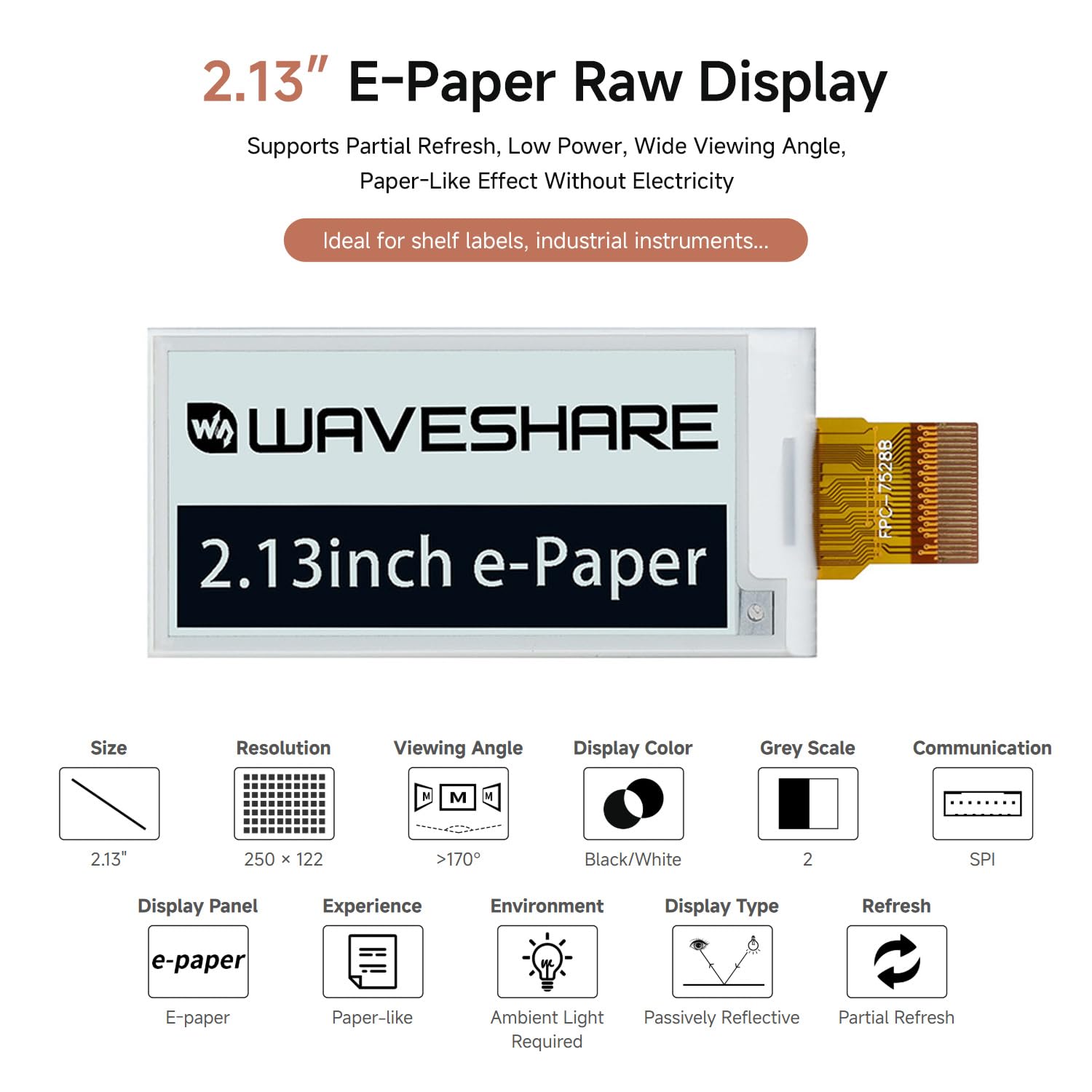 waveshare-2-13-zoll-e-paper-raw-display-v4-panel-250x122-e-ink-ohne-pcb image 3