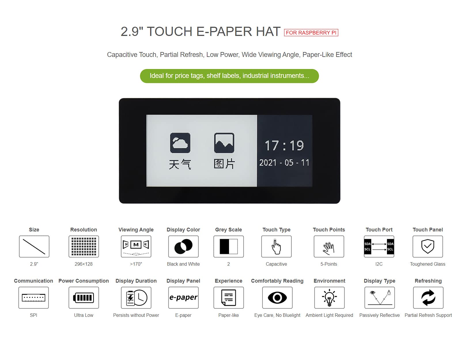waveshare-2-9-zoll-touch-e-paper-hat-f-r-raspberry-pi-296x128-schwarz-wei-kapazi image 4