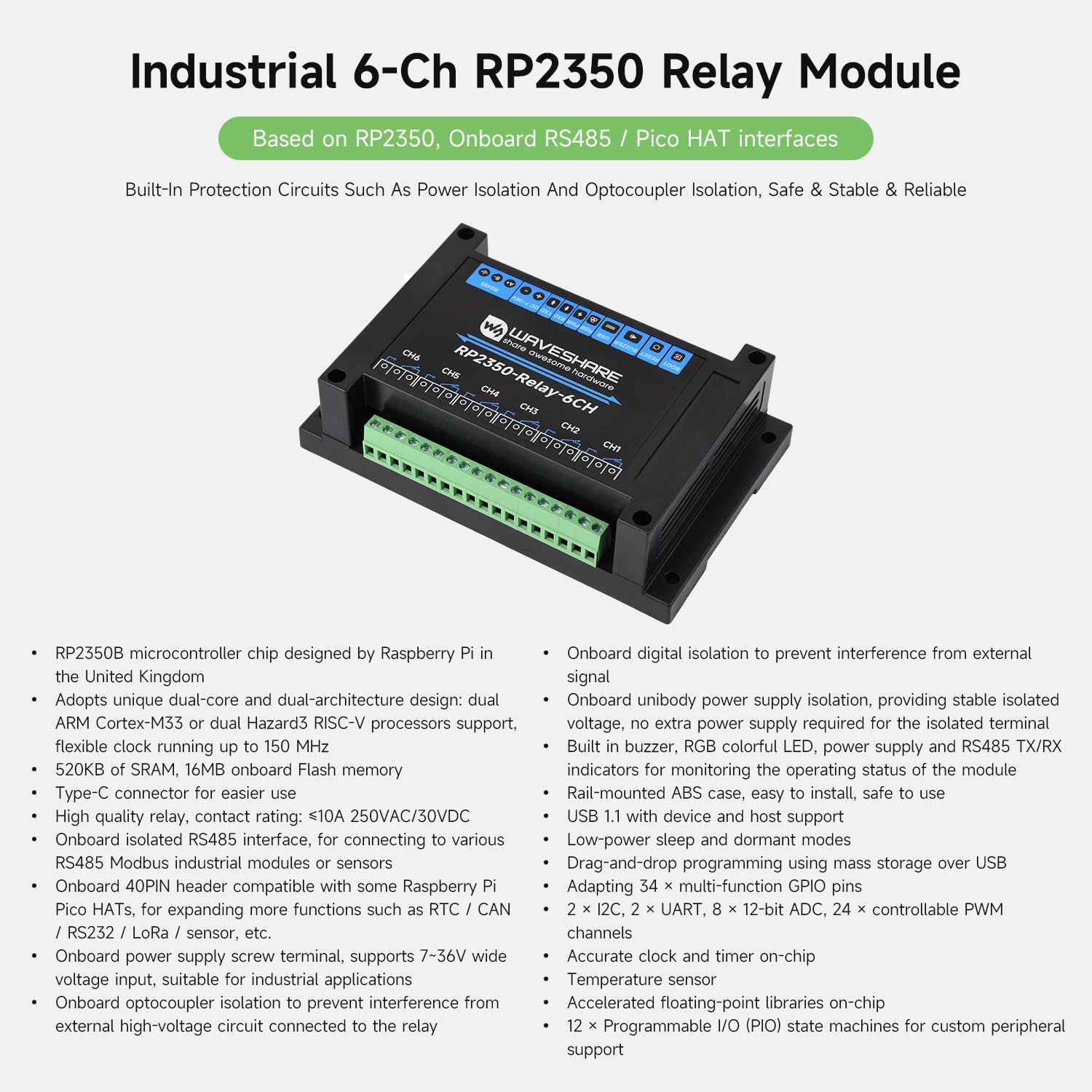 waveshare-industrial-6-kanal-rp2350-relaismodul-pico-hat-steuerung-mit-rs485 image 3