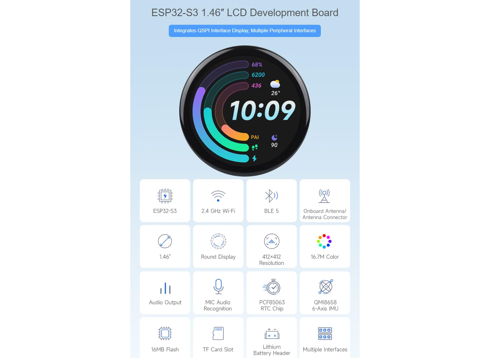 waveshare-esp32-s3-1-46-zoll-rundes-kapazitives-lcd-entwicklungsboard-412x412-ip image 3
