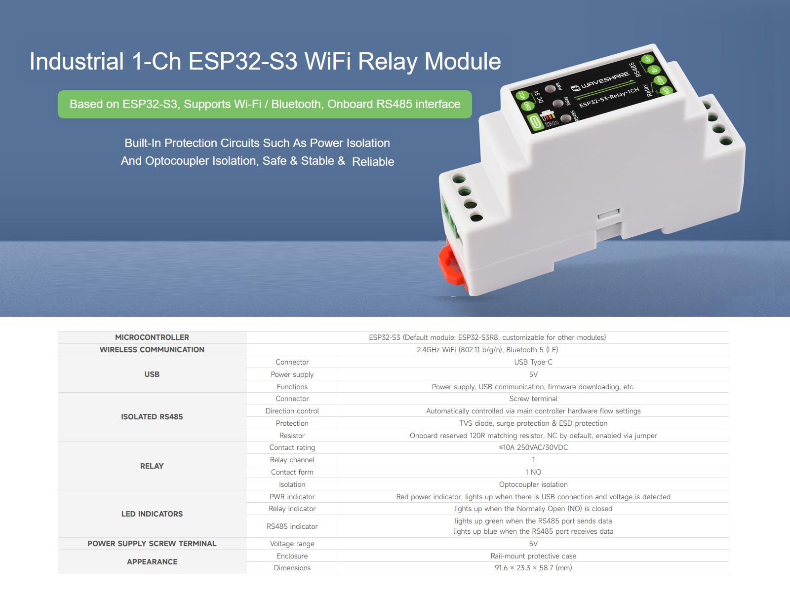 waveshare-1-kanal-esp32-s3-wifi-relais-modul-industriell-mit-rs485-und-10a-relai image 2