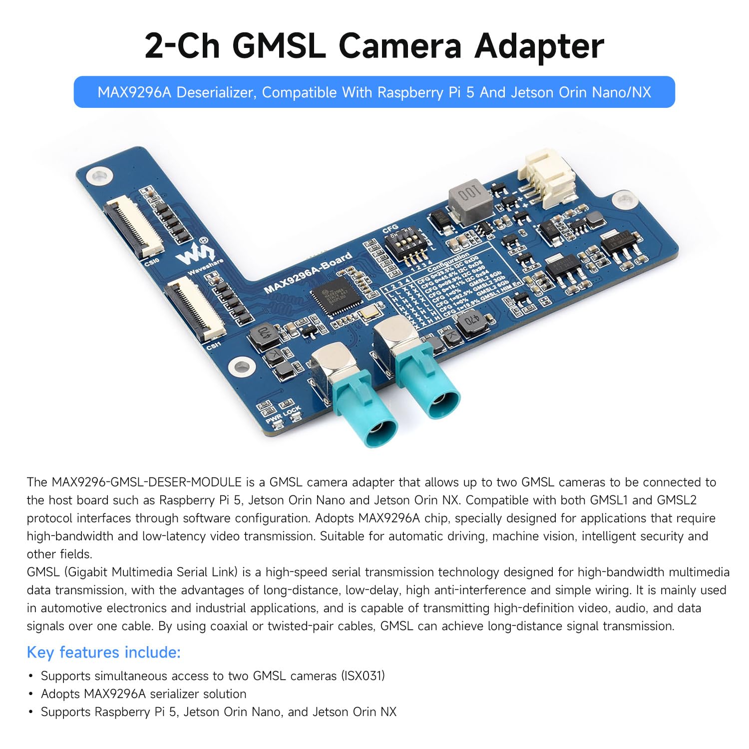 waveshare-2-kanal-gmsl-kamera-adapter-max9296a-f-r-raspberry-pi-5-jetson image 3