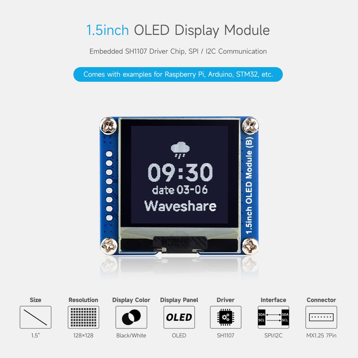waveshare-1-5-zoll-oled-display-modul-128x128-spi-i2c-schwarz-wei image 3