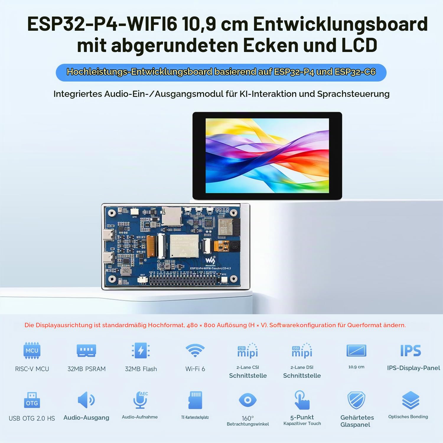 waveshare-esp32-p4-wifi6-4-3-zoll-entwicklungsboard-480x800-5-punkt-touch-audio- image 3