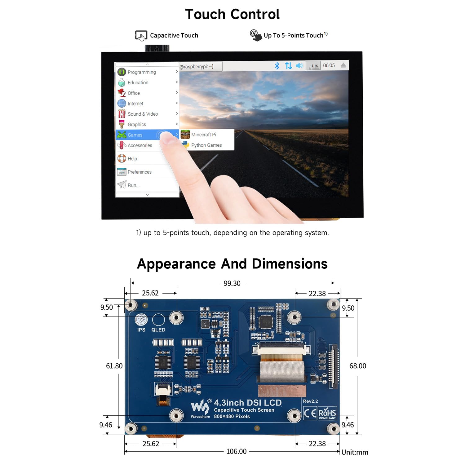 waveshare-4-3-zoll-dsi-lcd-touch-display-800-x-480-ips-kapazitiv-f-r-raspberry-p image 6