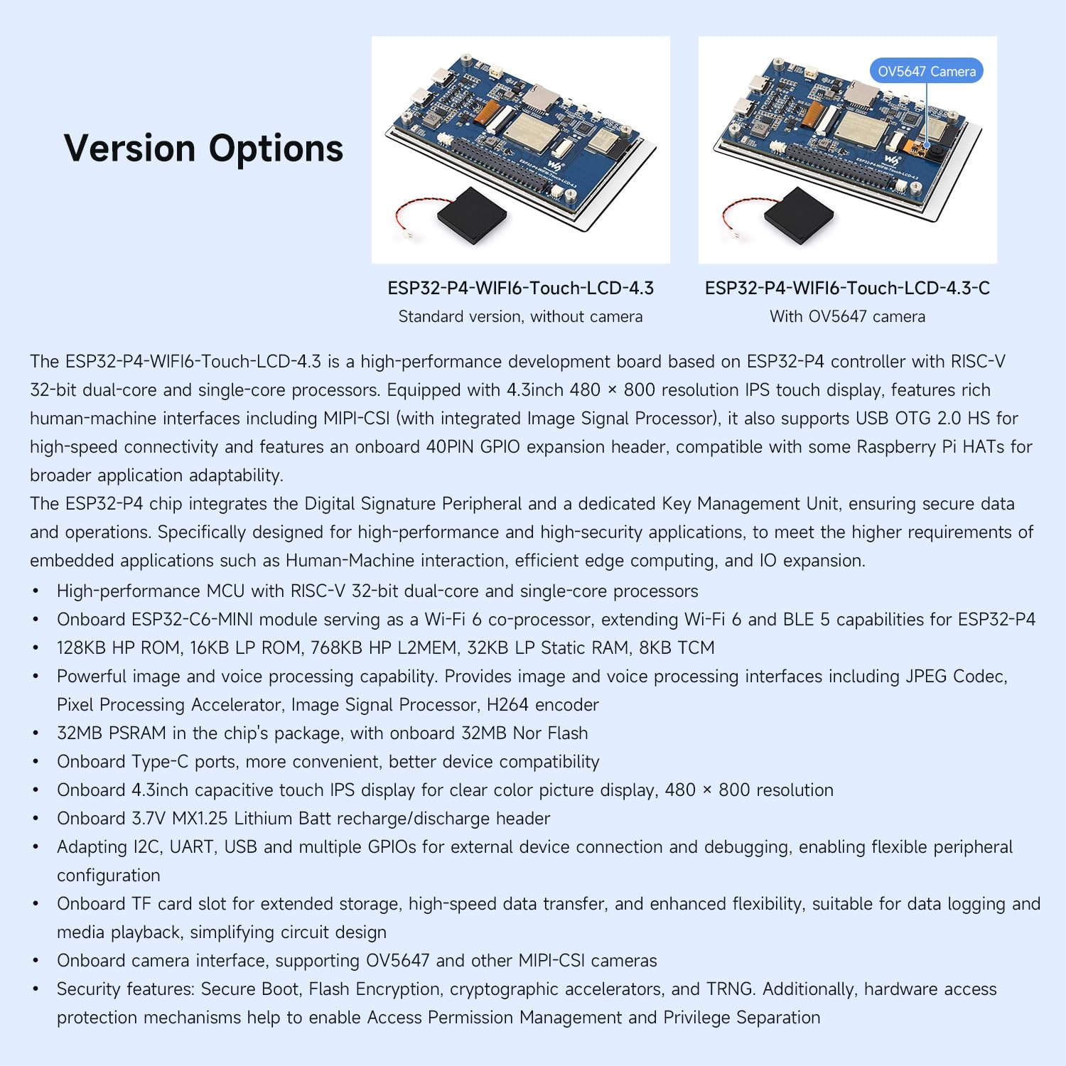 waveshare-esp32-p4-wifi6-4-3-zoll-entwicklungsboard-480x800-5-punkt-touch-audio- image 4