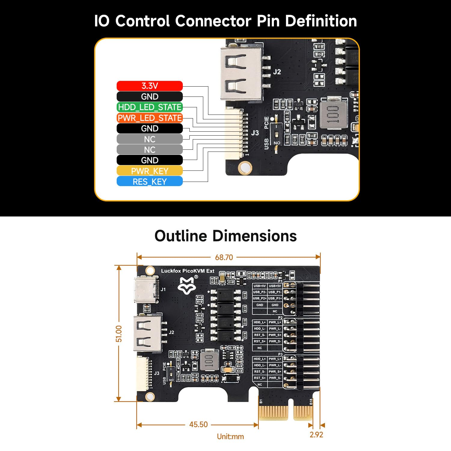 waveshare-luck-fox-picokvm-ext-erweiterungsboard-pcie-x1-x4-x8-x16-usb-a-c-front image 6
