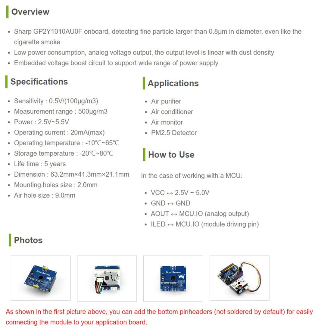 waveshare-staubsensor-detektor-modul-mit-sharp-gp2y1010au0f-f-r-pm2-5-arduino image 2