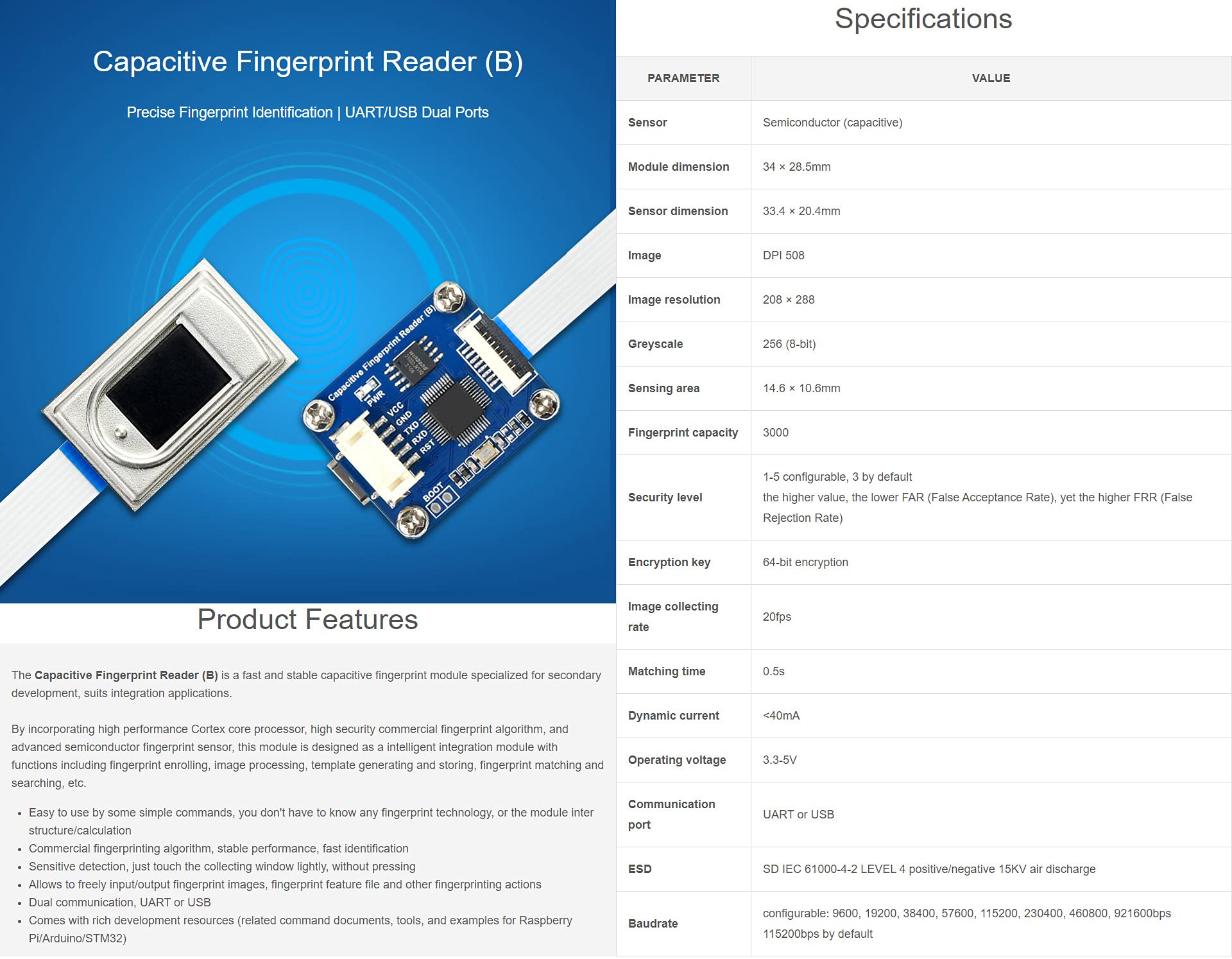 waveshare-high-precision-capacitive-fingerprint-reader-b-uart-usb-dual-port-modu image 3