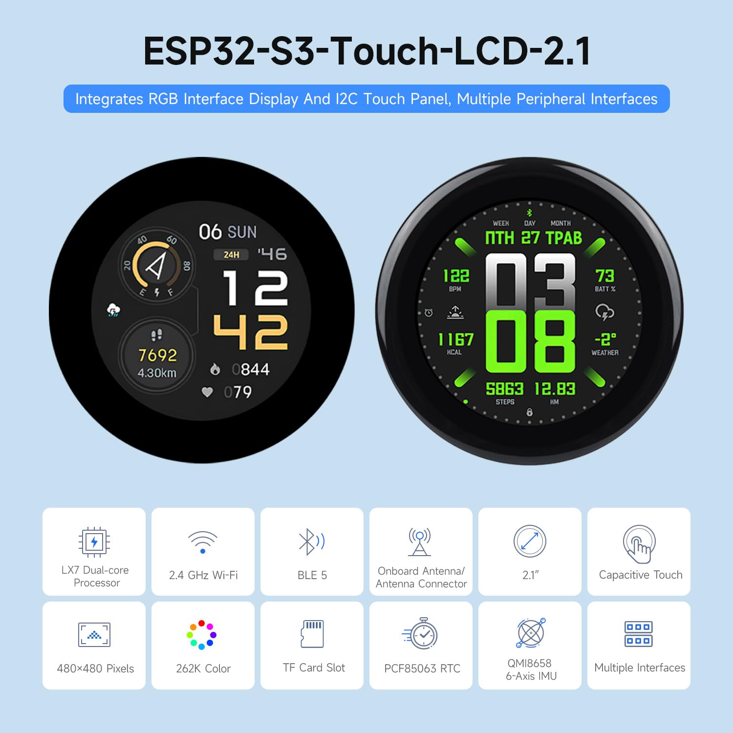 waveshare-esp32-s3-2-1-zoll-lcd-rund-display-entwicklungsboard-480x480-touch image 3