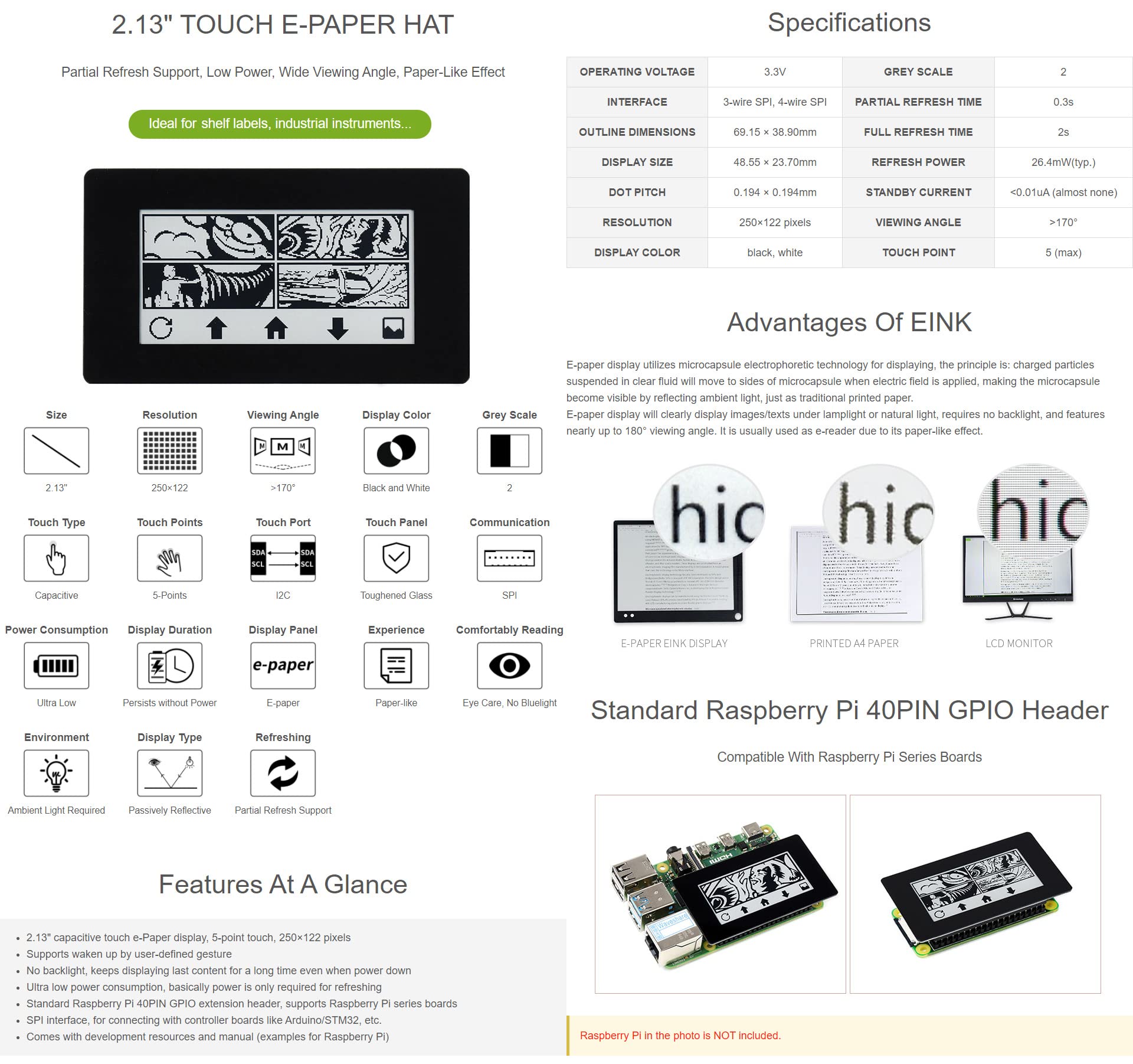 waveshare-2-13-zoll-touch-e-paper-e-ink-display-hat-f-r-raspberry-pi-schwarz-wei image 3