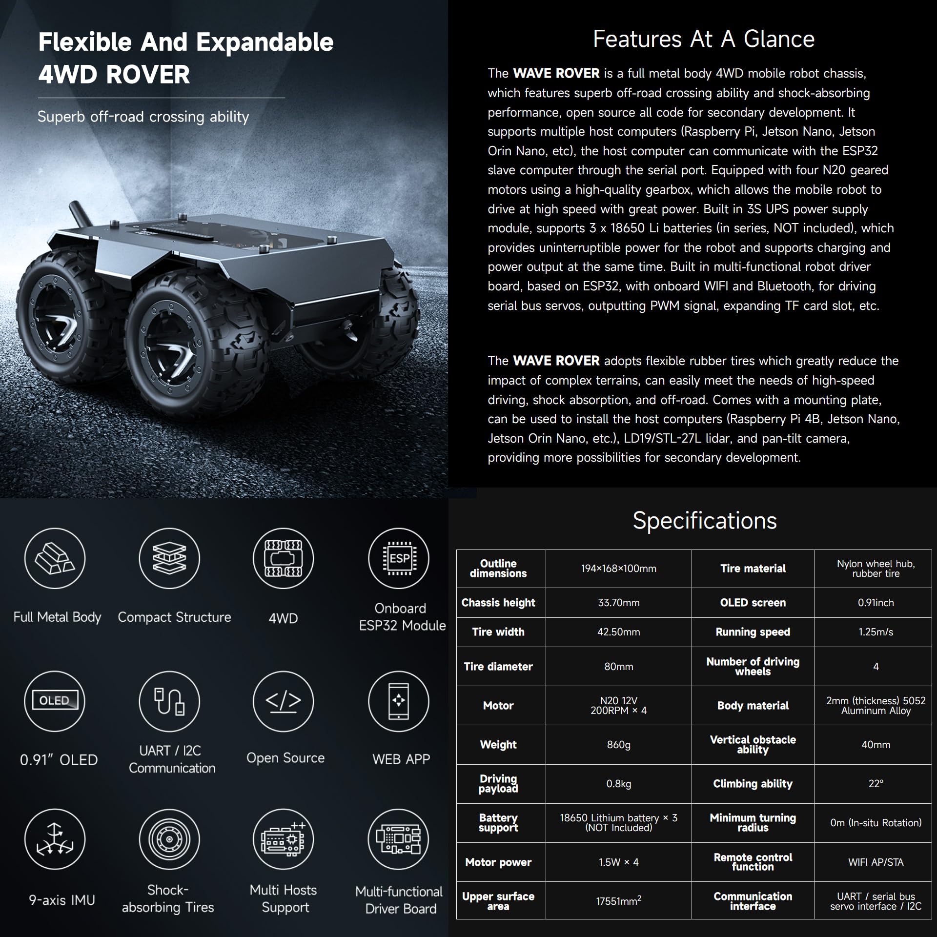 waveshare-wave-rover-4wd-roboter-chassis-full-metal-mit-esp32-ups-und-oled image 3