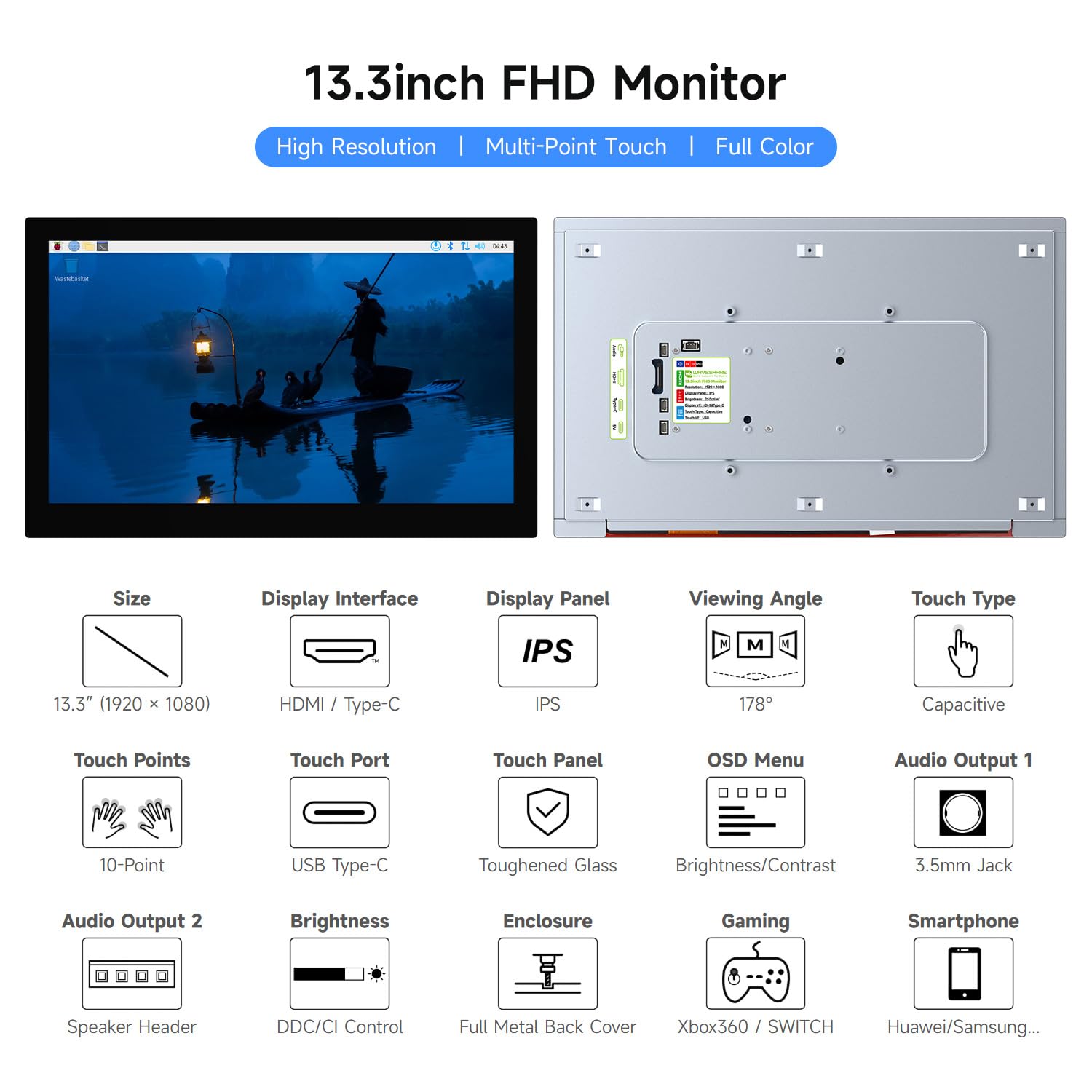 waveshare-13-3-zoll-hdmi-kapazitives-touch-display-full-hd-monitor-mit-type-c-f- image 3