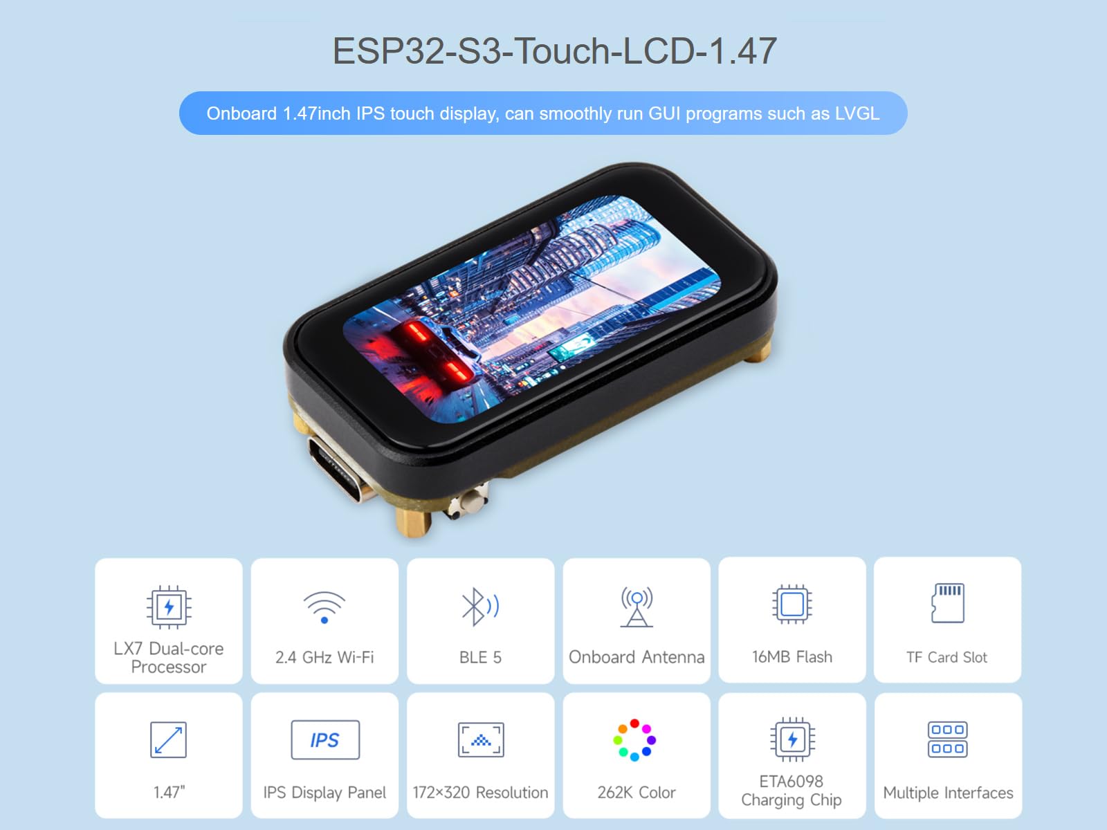 waveshare-esp32-s3-touch-lcd-1-47-entwicklungsboard-mit-1-47-zoll-kapazitivem-to image 2