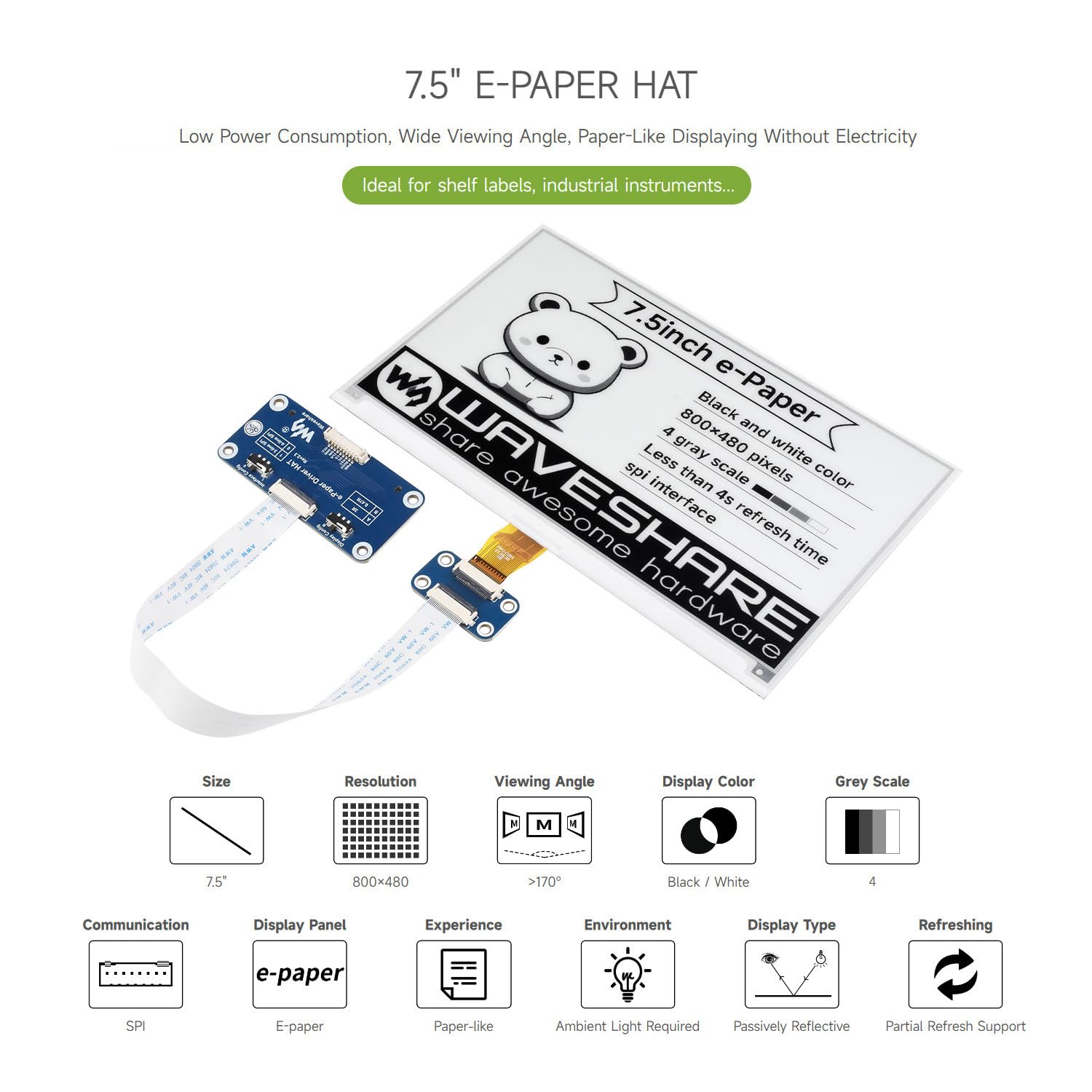 waveshare-7-5-zoll-e-paper-display-hat-v2-800x480-e-ink-f-r-raspberry-pi image 3