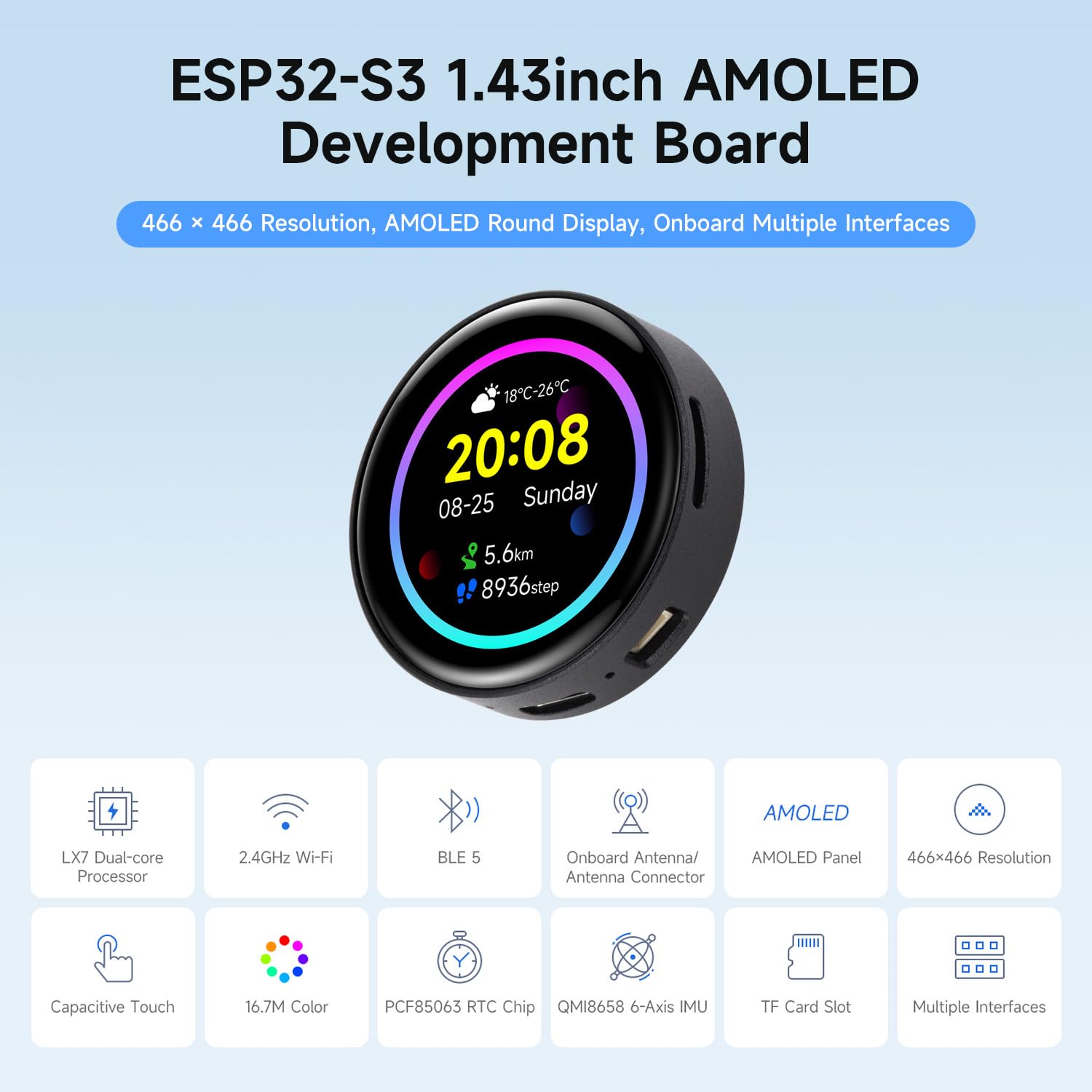 waveshare-esp32-s3-1-43-zoll-amoled-display-entwicklungsboard-466x466-runddispla image 3