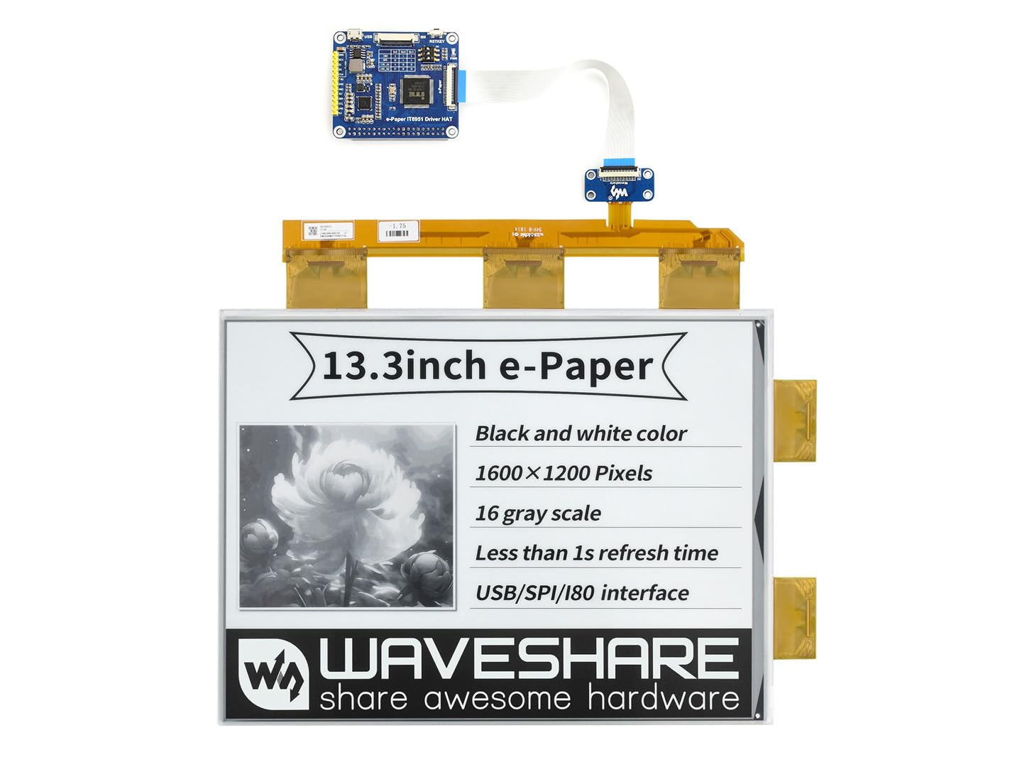 waveshare-13-3-zoll-e-paper-e-ink-display-hat-1600x1200-schwarz-wei image 1