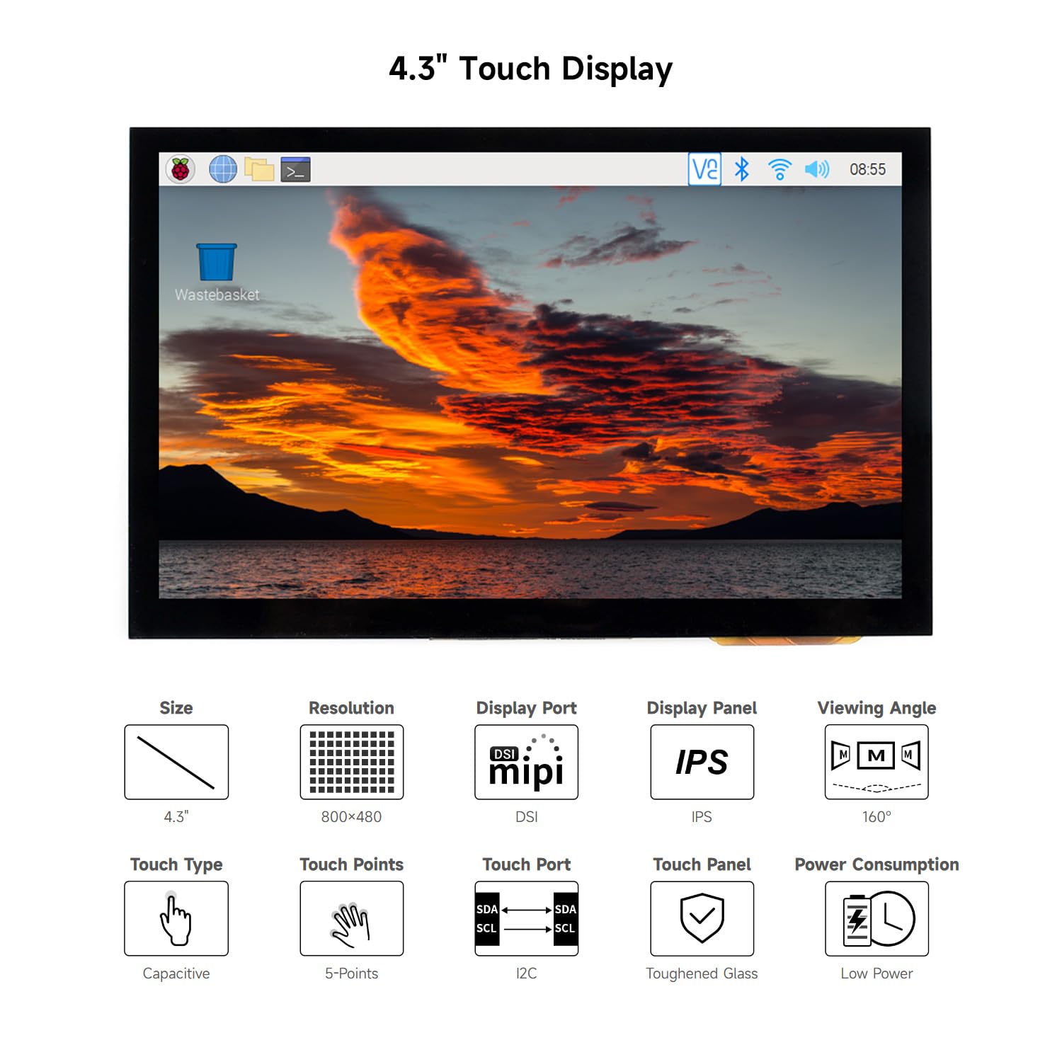 waveshare-4-3-zoll-dsi-lcd-touch-display-800-x-480-ips-kapazitiv-f-r-raspberry-p image 3