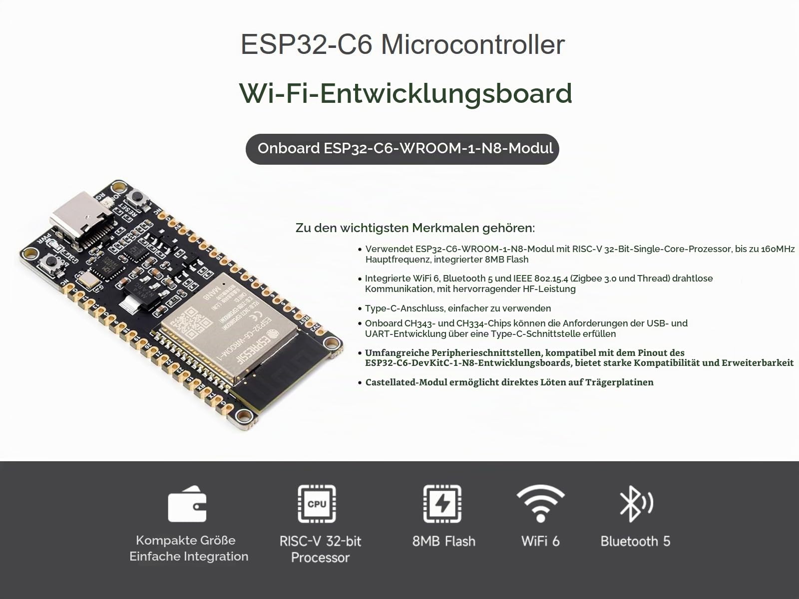 waveshare-esp32-c6-entwicklungsboard-wifi-6-ble-5-zigbee-thread-risc-v-mit-usb-c image 2