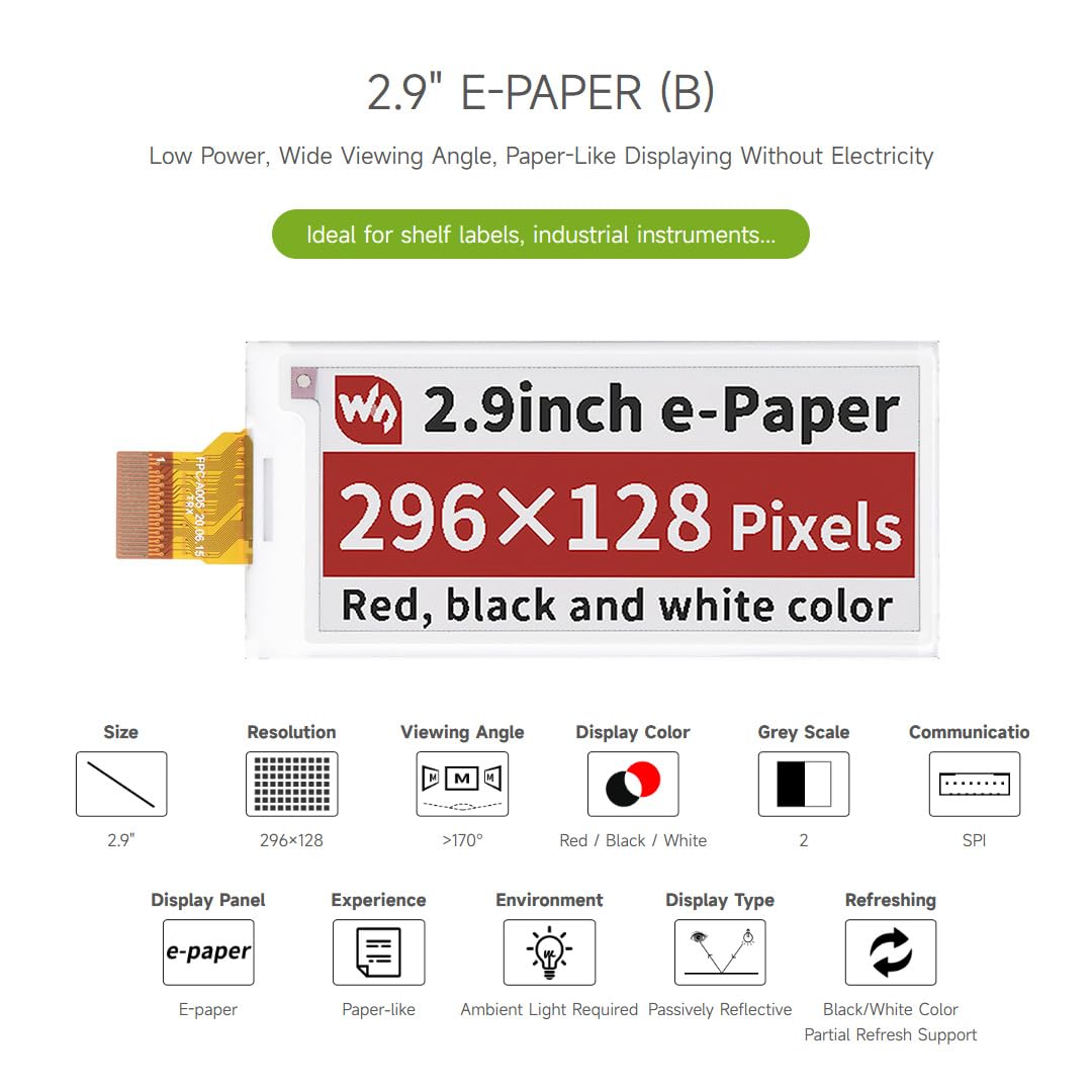 waveshare-2-9-zoll-e-paper-raw-display-panel-b-296x128-rot-schwarz-weiss-ohne-pc image 3