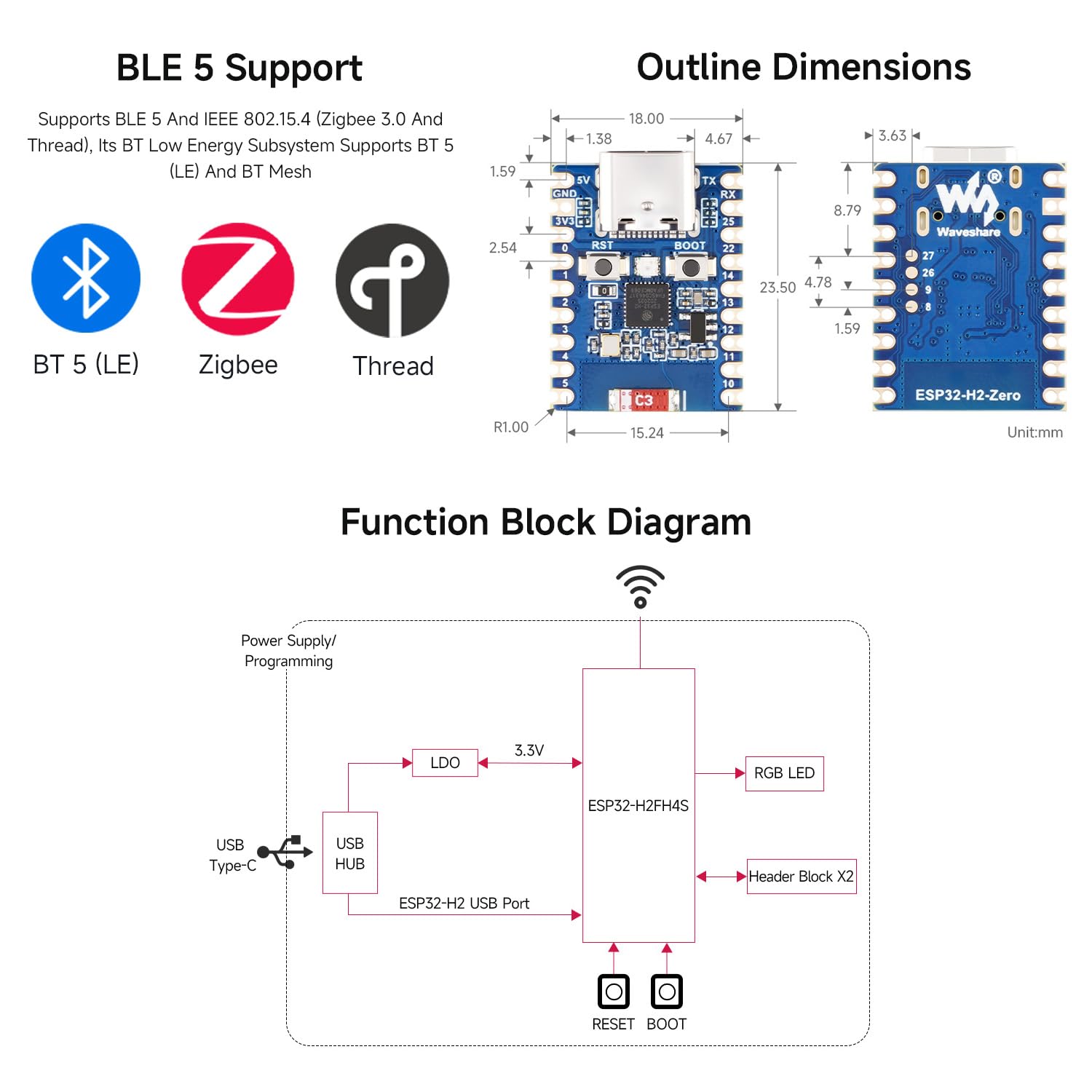 waveshare-esp32-h2-mini-development-board-esp32-h2fh4s-ble-zigbee-thread image 5