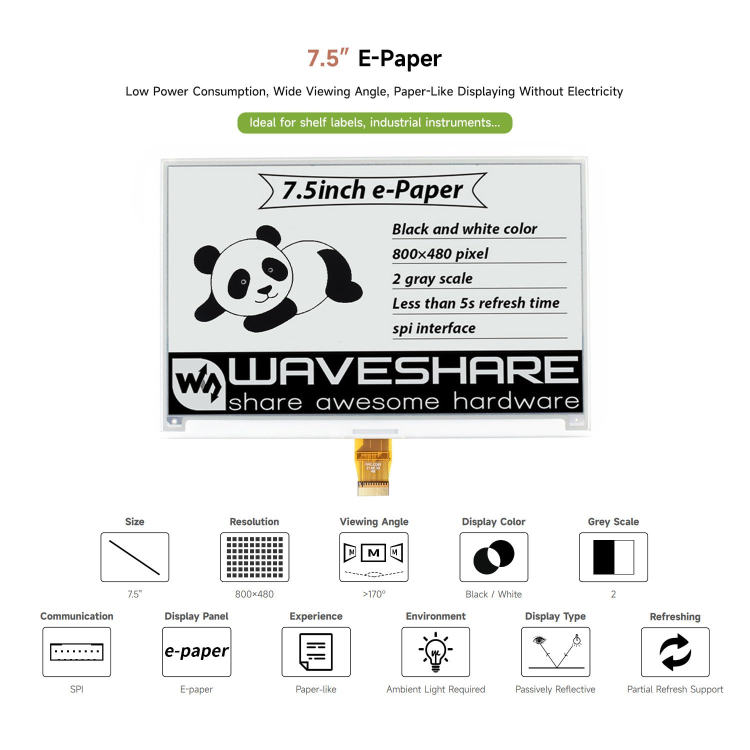waveshare-7-5-zoll-e-paper-raw-display-panel-v2-800x480-spi-ohne-pcb image 3