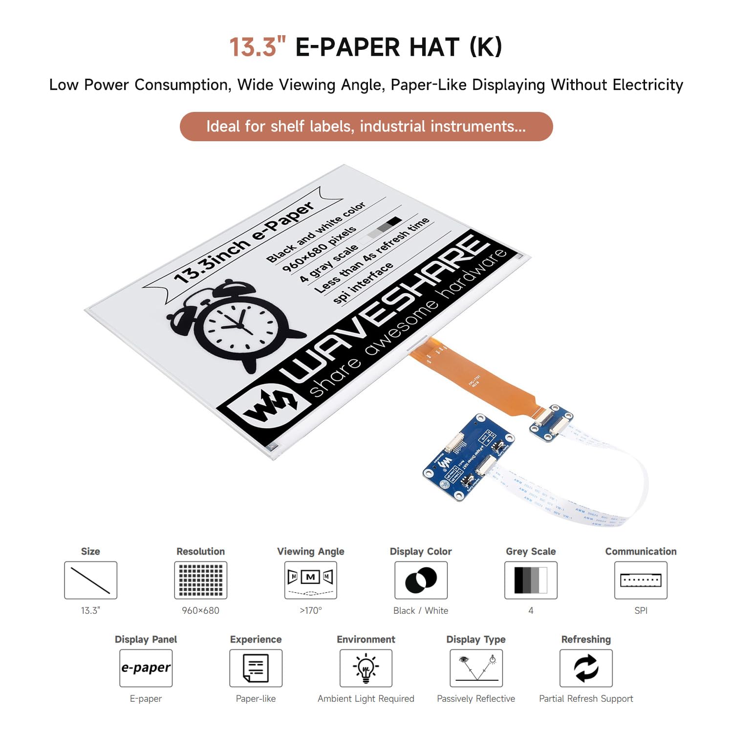 waveshare-13-3-zoll-e-paper-hat-display-960x680-spi-mit-treiberplatine image 3