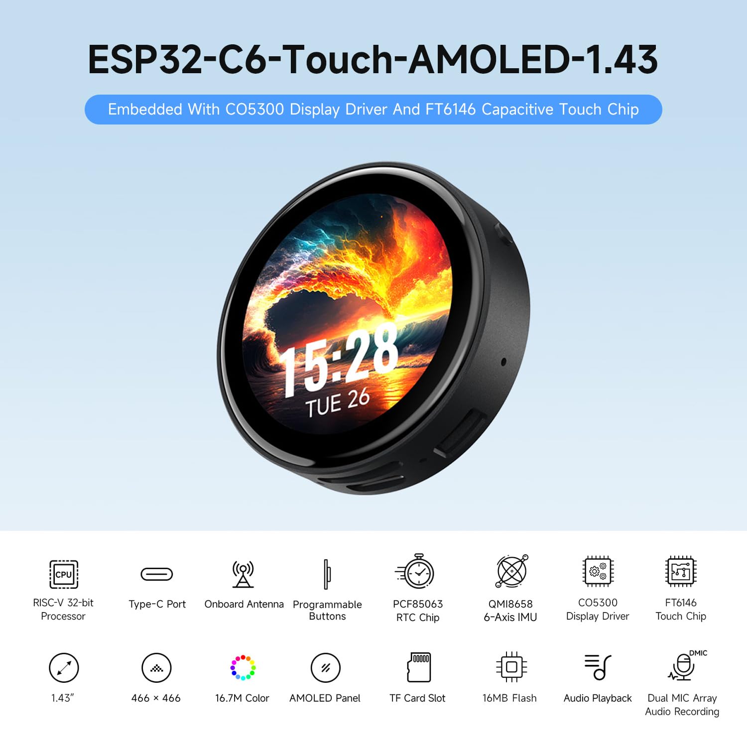 waveshare-esp32-c6-1-43-zoll-amoled-round-touch-display-entwicklungsboard-mit-ge image 3