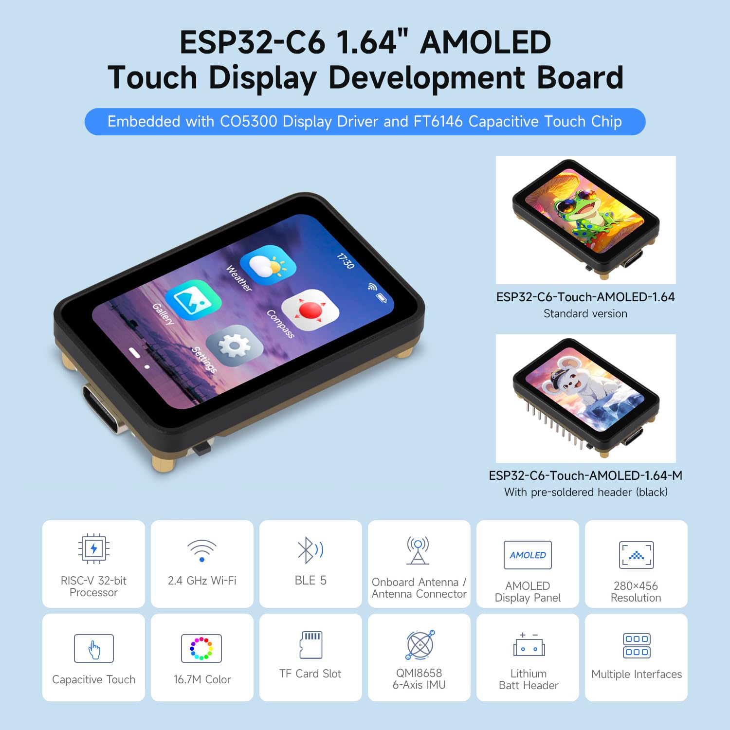 waveshare-esp32-c6-1-64-zoll-amoled-touch-display-entwicklungsboard-280-456-wi-f image 3