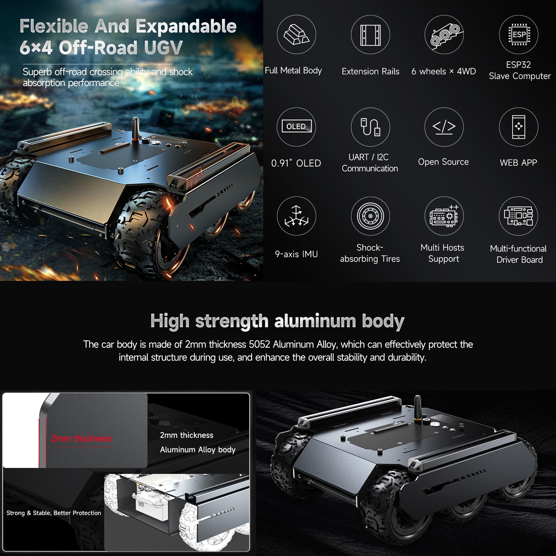 waveshare-6x4-off-road-ugv-roboter-chassis-6-rad-4wd-mobile-robot-mit-esp32 image 3