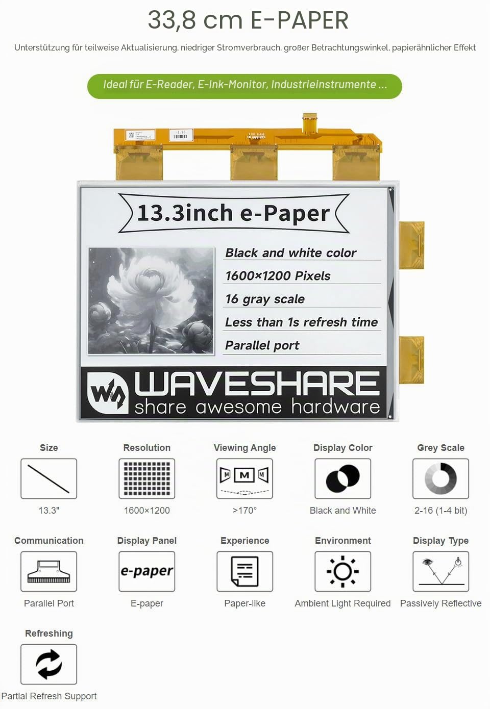 waveshare-13-3-zoll-e-paper-e-ink-raw-display-1600x1200-schwarz-wei-16-graustufe image 2