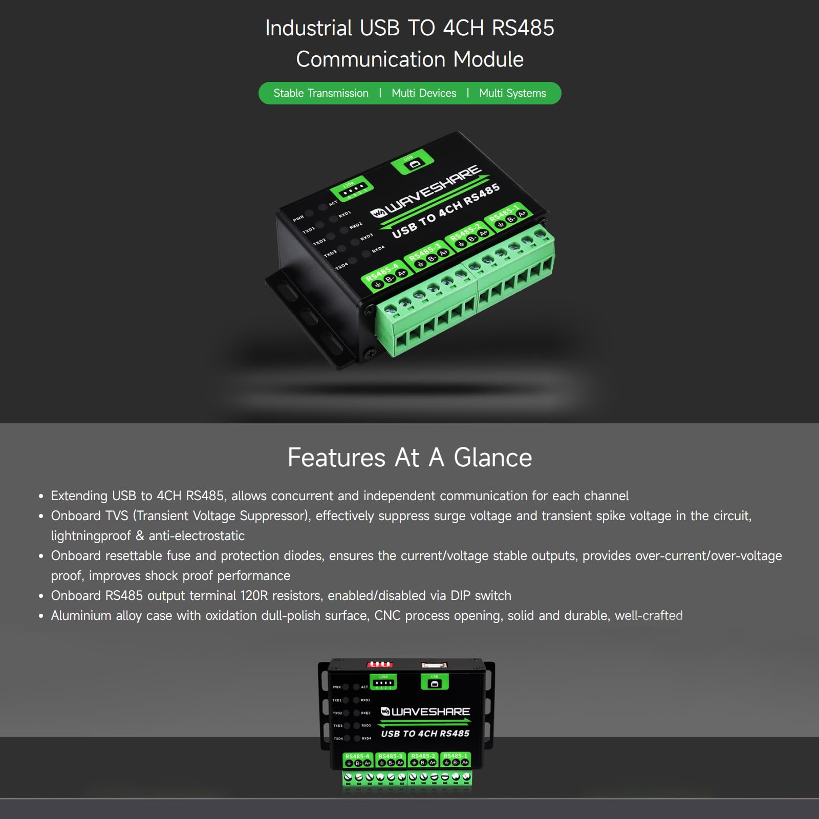 waveshare-industrial-usb-zu-4-kanal-rs485-konverter-mehrfachschutz-aluminiumgeh- image 3