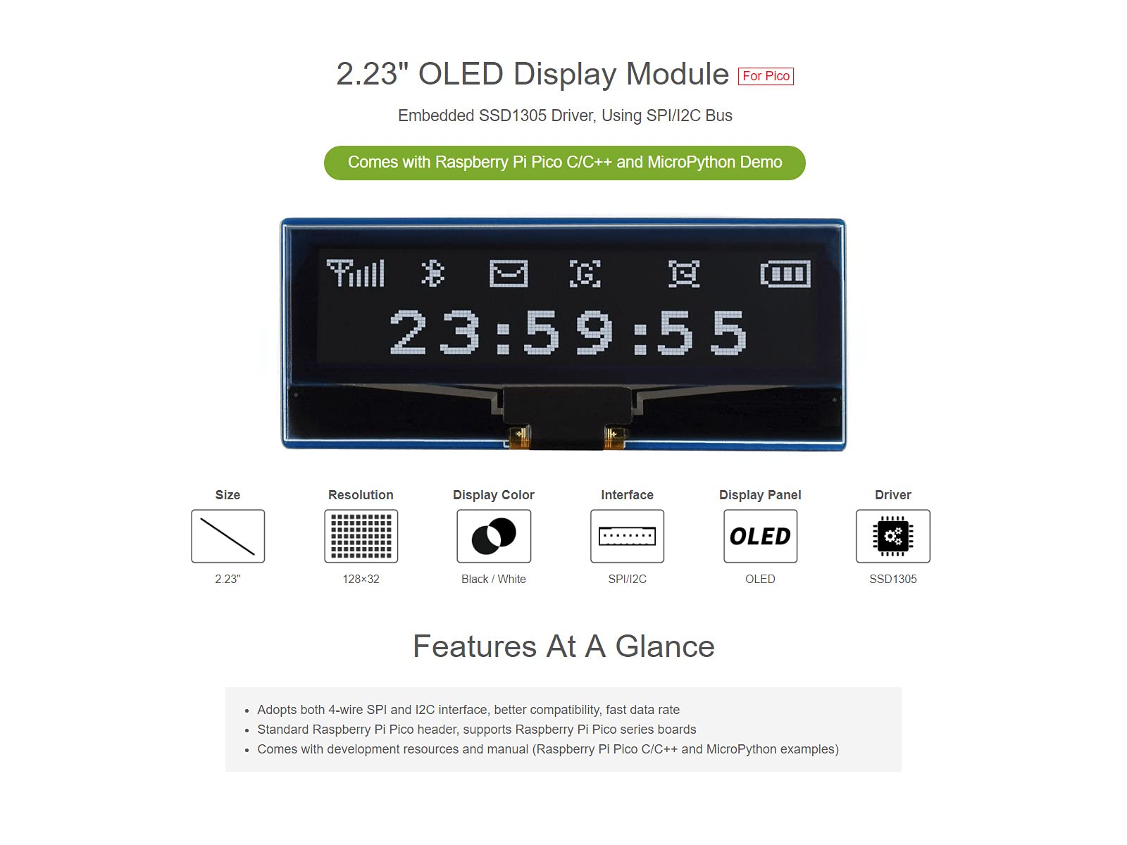 waveshare-2-23-zoll-oled-displaymodul-128x32-spi-i2c-f-r-raspberry-pi-pico image 3