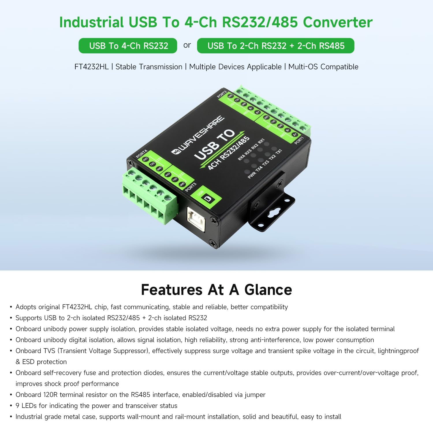 waveshare-industrieller-isolierter-usb-zu-rs232-485-konverter-ft4232hl-4-kanal image 3