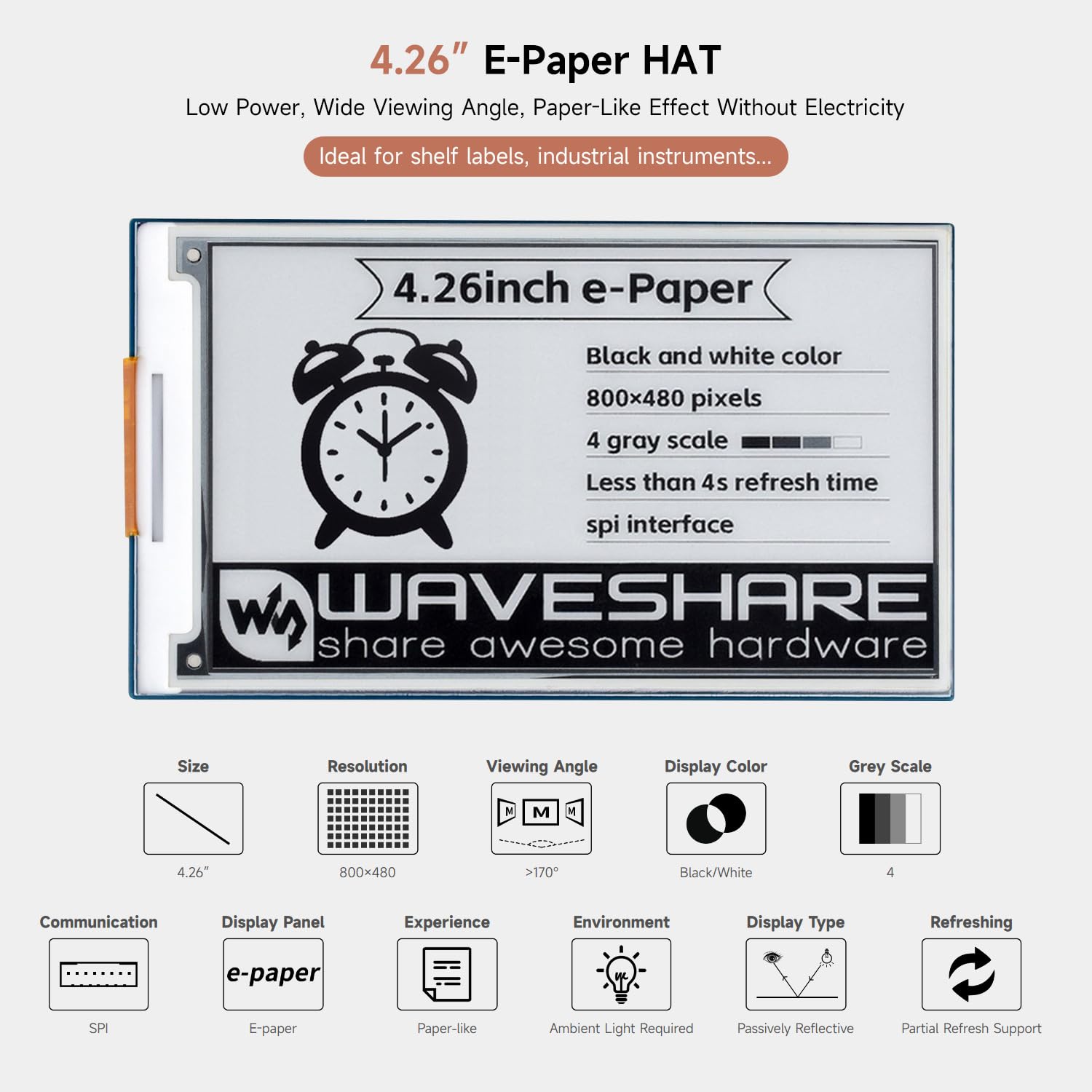 waveshare-4-26-zoll-e-paper-display-hat-mit-pcb-800x480-schwarz-wei-f-r-raspberr image 3