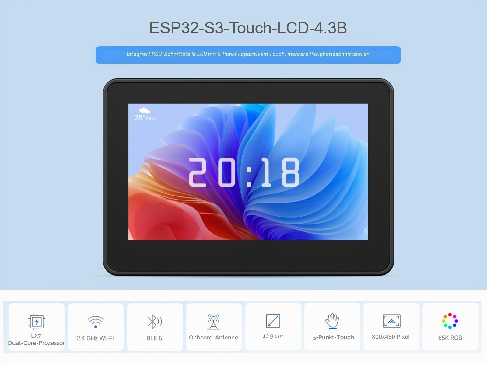 waveshare-esp32-s3-touch-lcd-4-3b-entwicklungsboard-4-3-zoll-touchscreen-mit-wi- image 2