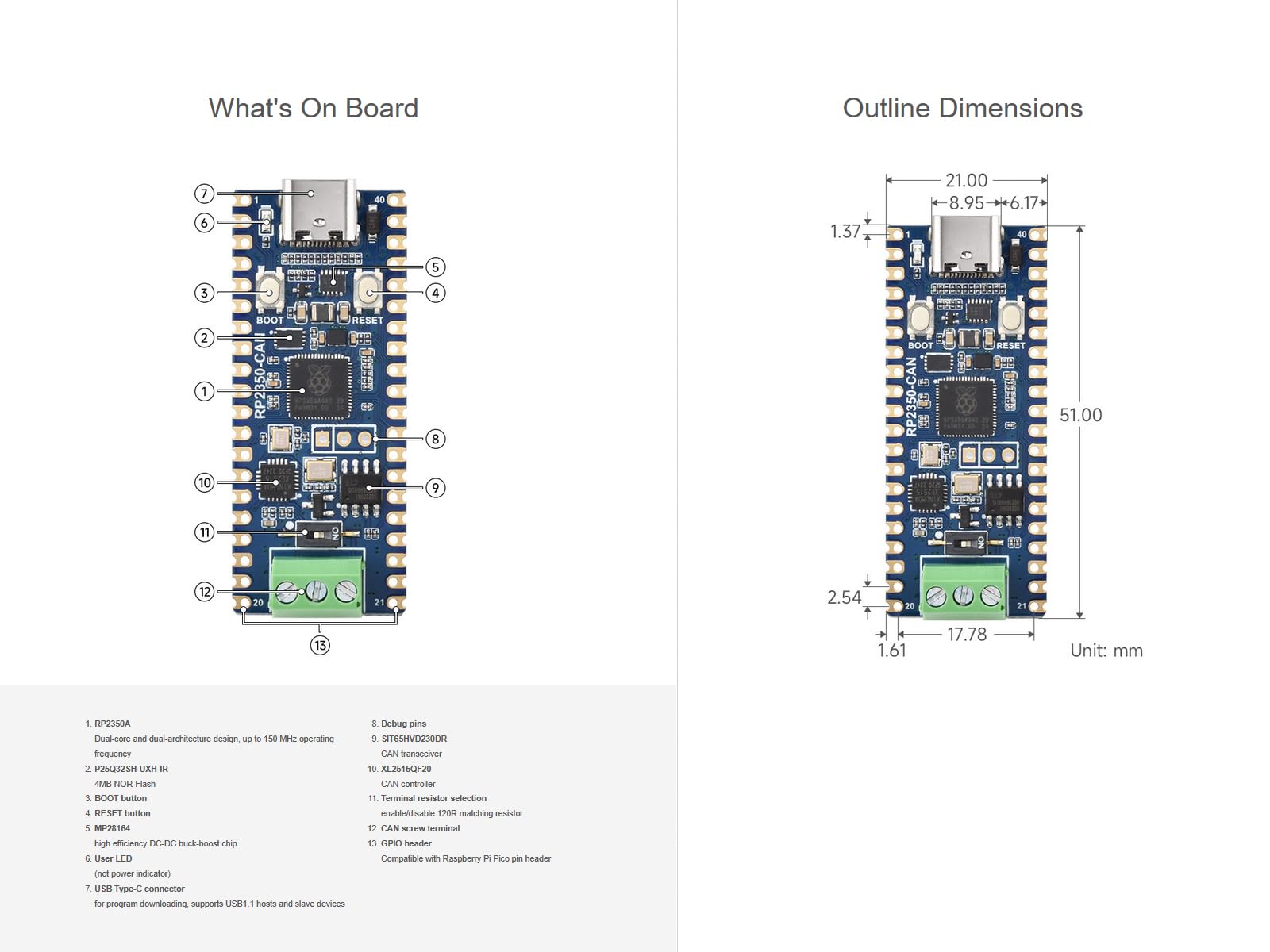 waveshare-rp2350-can-entwicklungsboard-pico-kompatibles-mcu-board-mit-xl2515-can image 6
